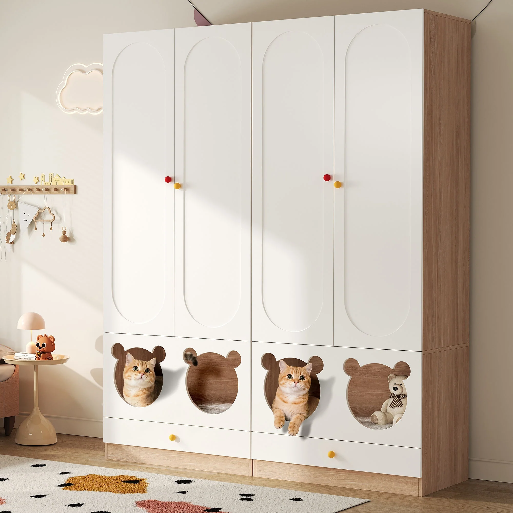 Children's Wardrobe Hanging Rail & Cat Bed 80x50x200cm White Natural Wood - Image 7
