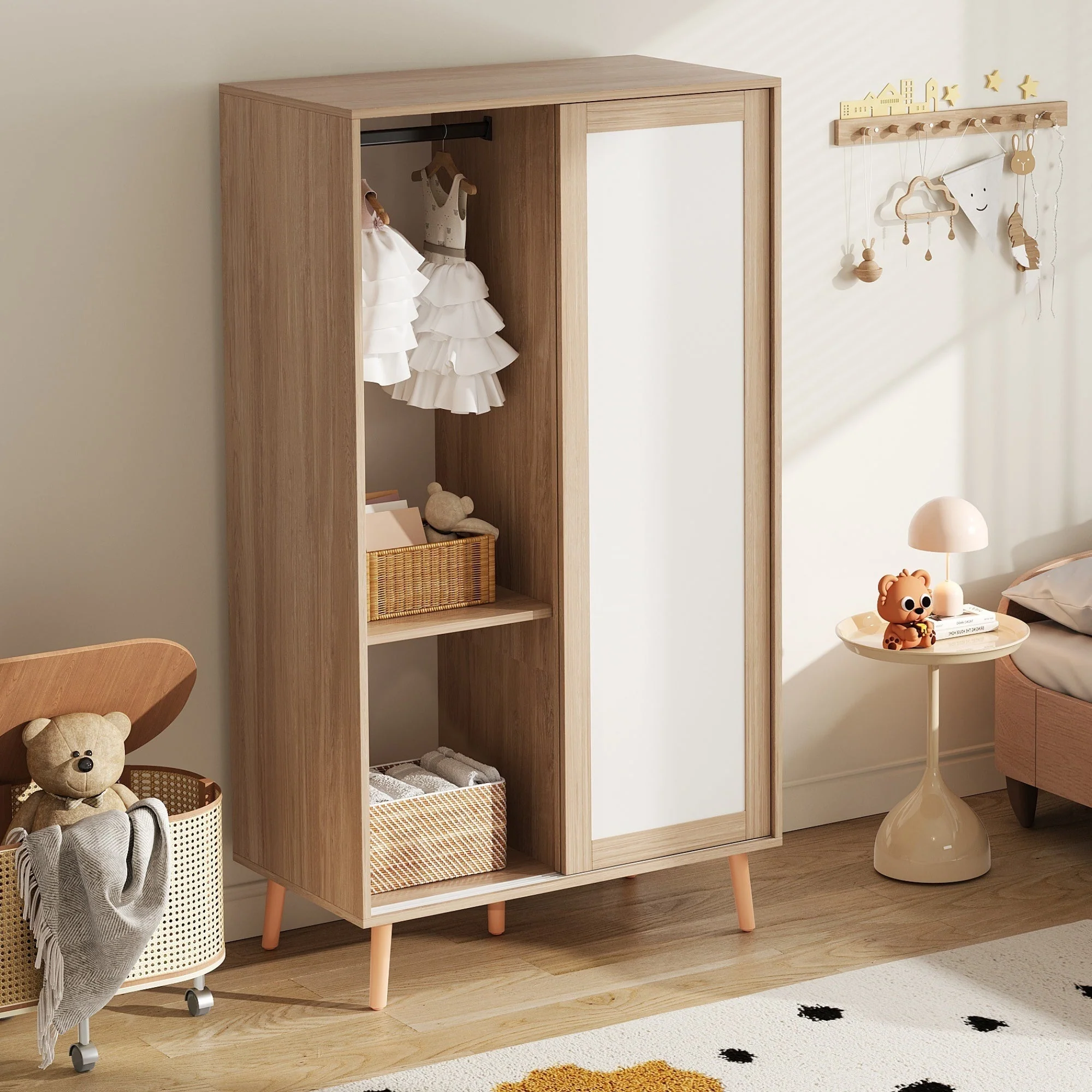 Children's Wardrobe Sliding Door Clothes Rail Solid Wood Legs, White/Natural Wood - Image 2