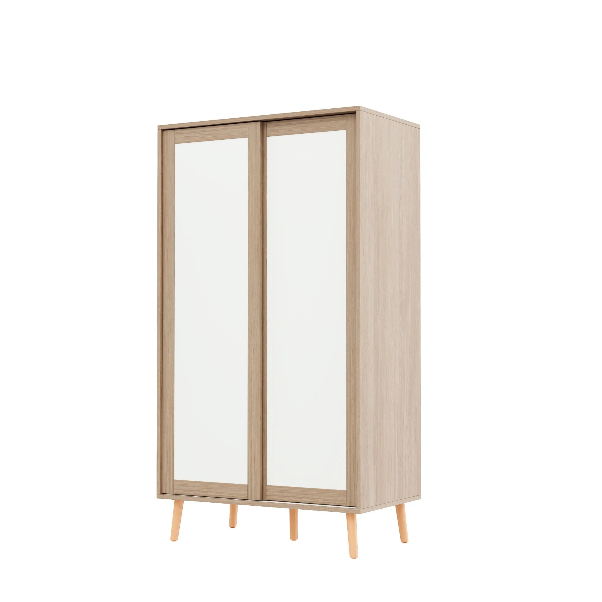 Children's Wardrobe Sliding Door Clothes Rail Solid Wood Legs, White/Natural Wood - Image 8