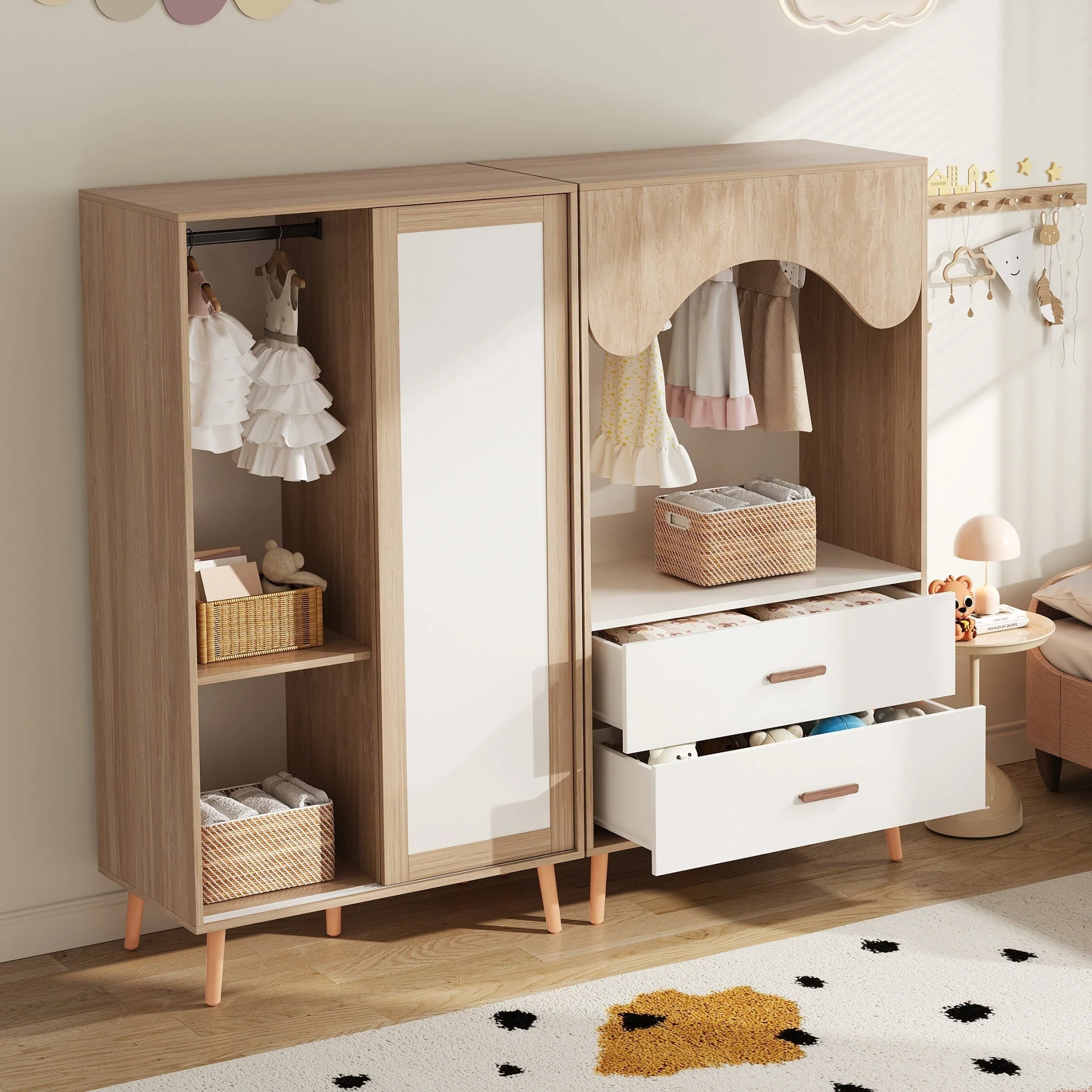 Children's Wardrobe, Sliding Door + Open Combination, 141.5cm, White + Natural Wood - Image 2