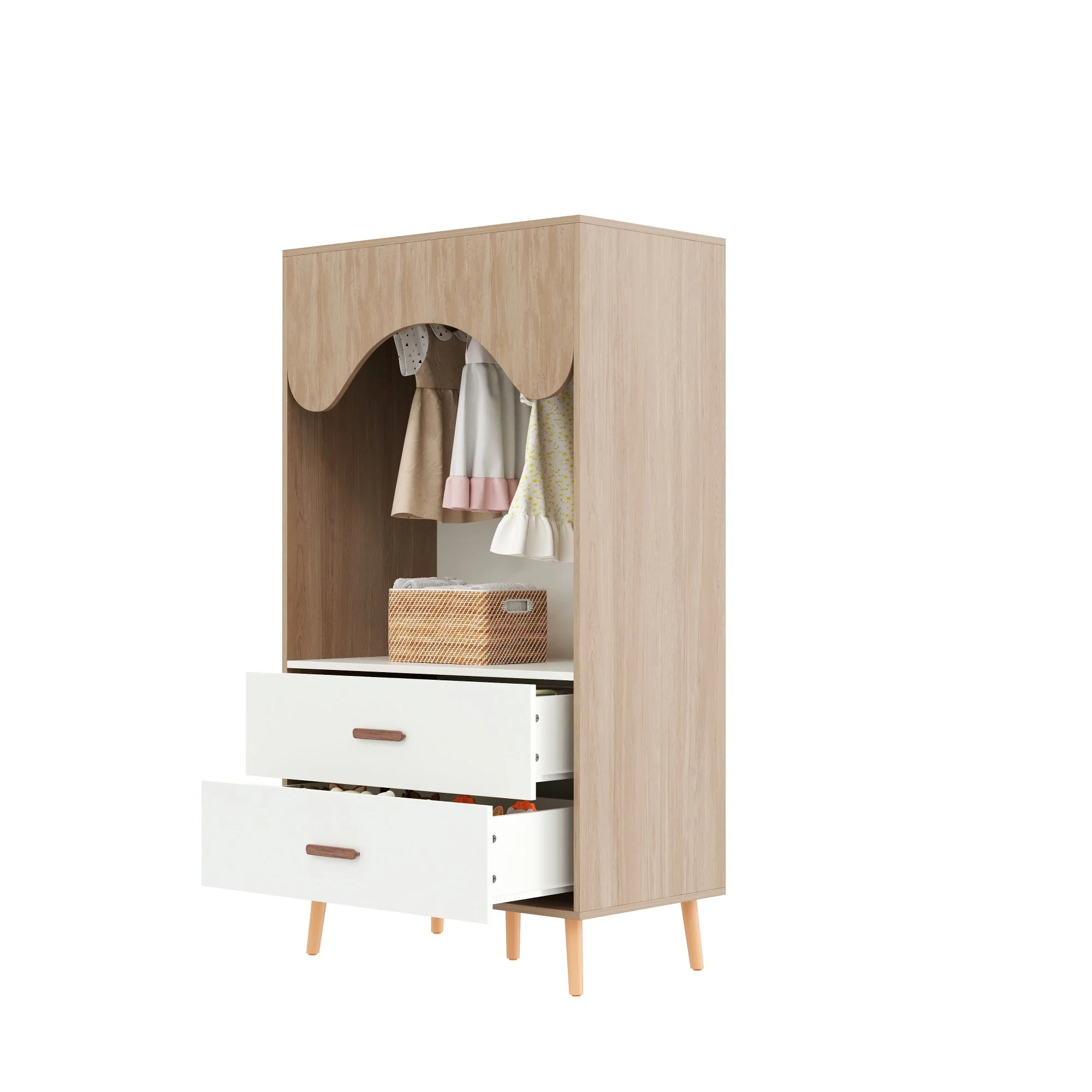 Children's Wardrobe, Sliding Door + Open Combination, 141.5cm, White + Natural Wood - Image 8