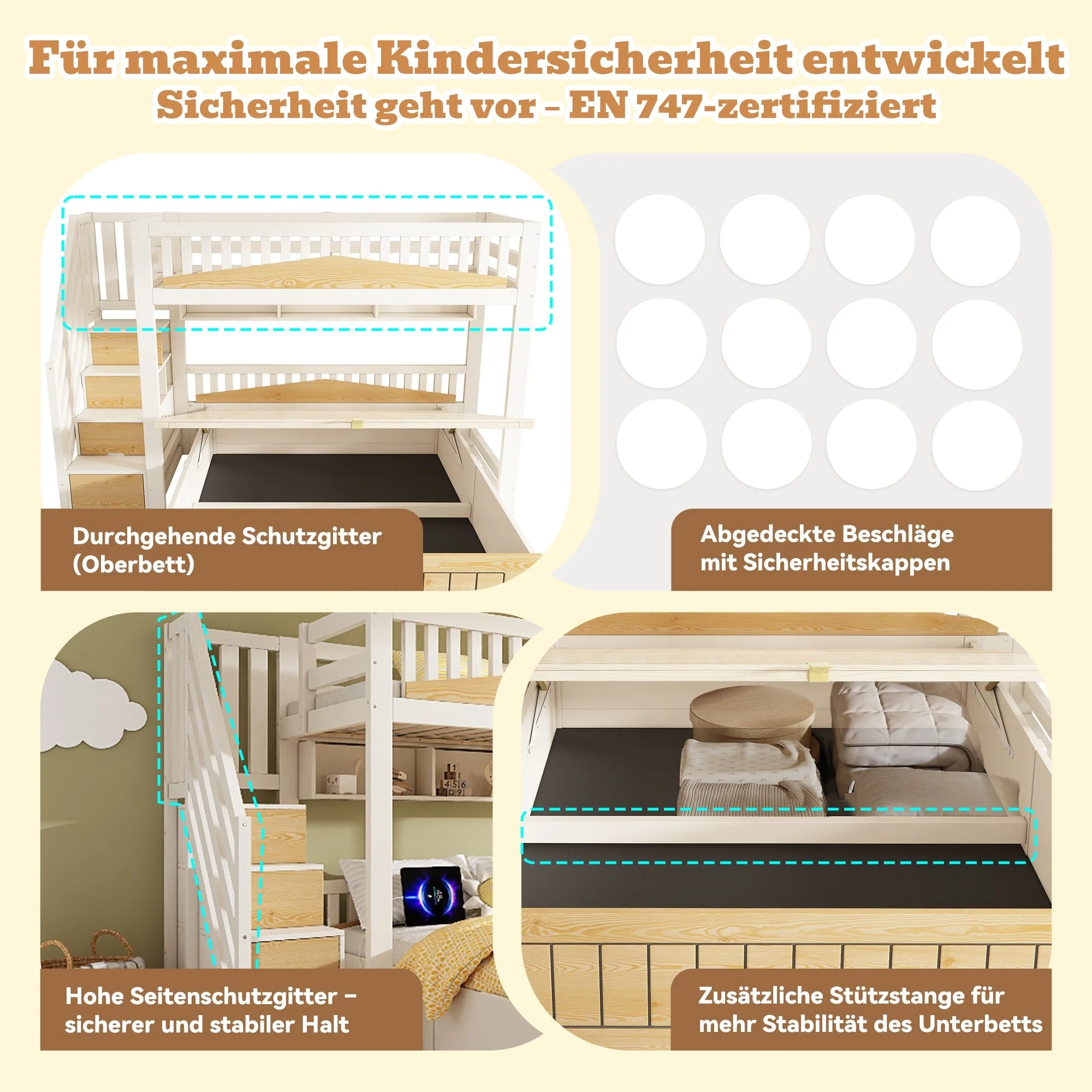 Children's Wooden Bunk Bed 90x200 & 140x200 cm with Hydraulic Storage and USB-C Port, White and Natural - Image 3