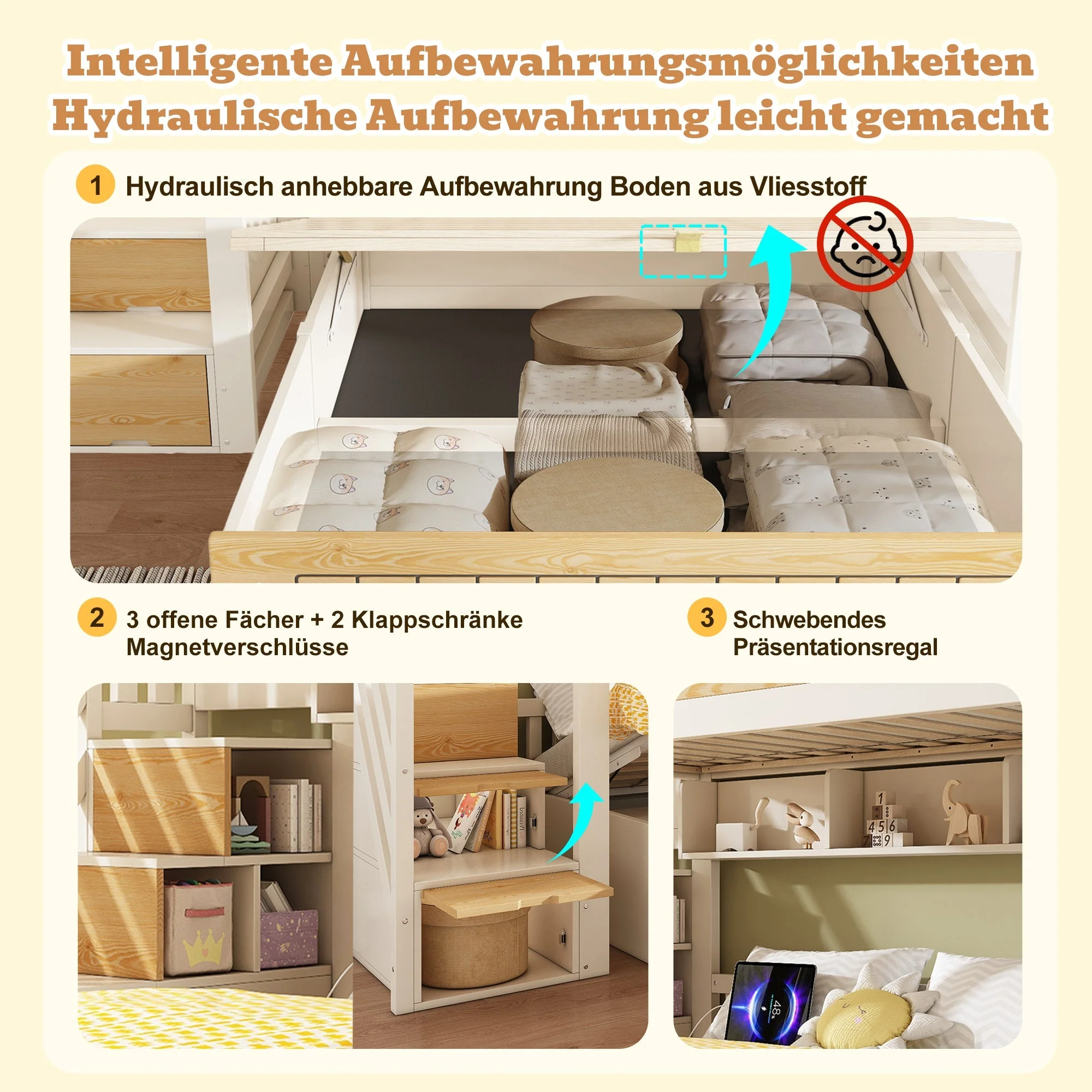 Children's Wooden Bunk Bed 90x200 & 140x200 cm with Hydraulic Storage and USB-C Port, White and Natural - Image 4