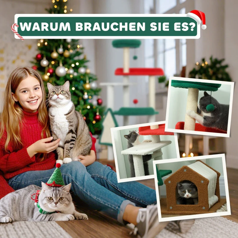Christmas Cat Tree, 135cm with Bed, House, Scratching Posts, Toy Balls, Multi-color - Image 6