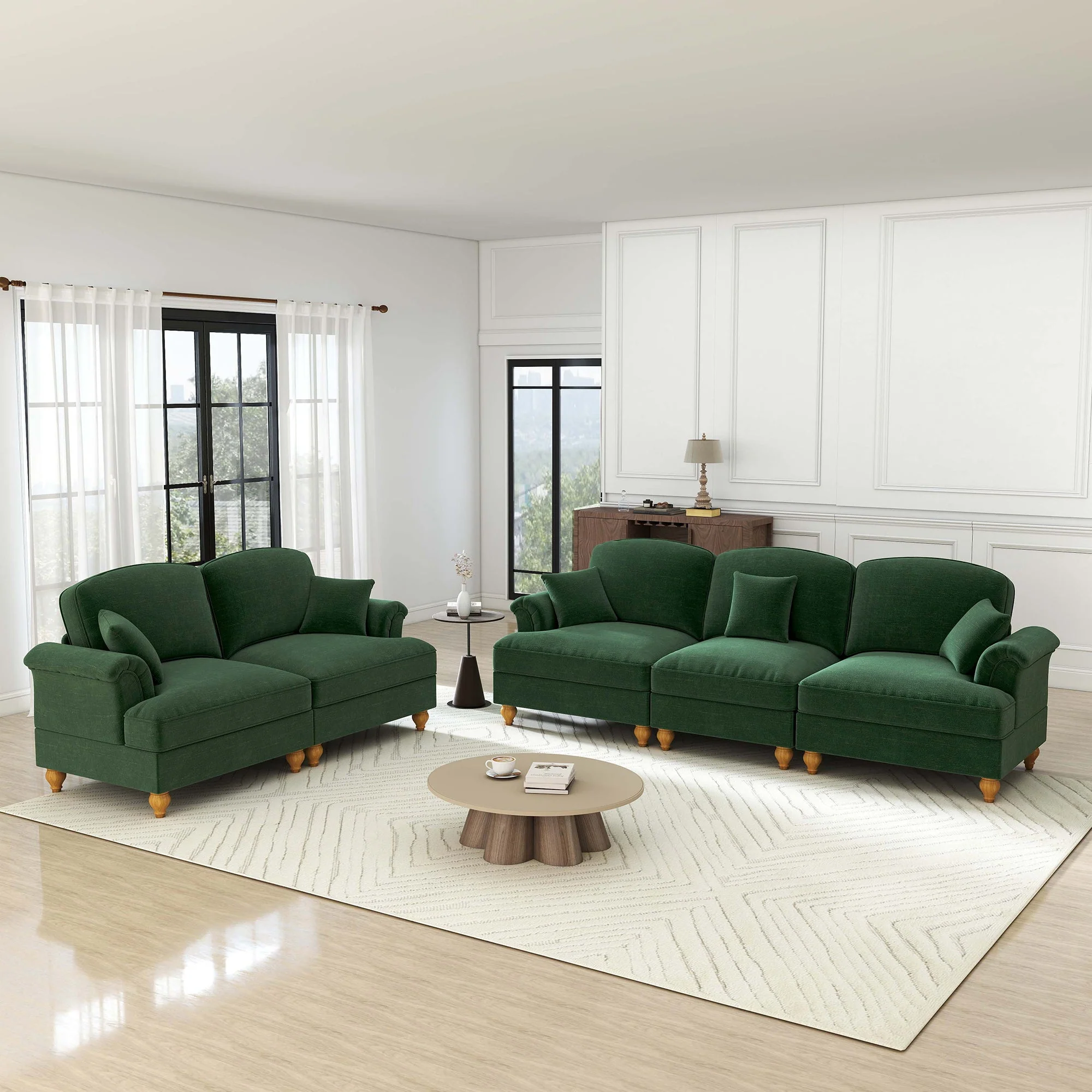 Classic 2-Piece Modular Sofa Set 3-Seater & 2-Seater Loveseat Ruffled Spindle Legs - Chenille Green