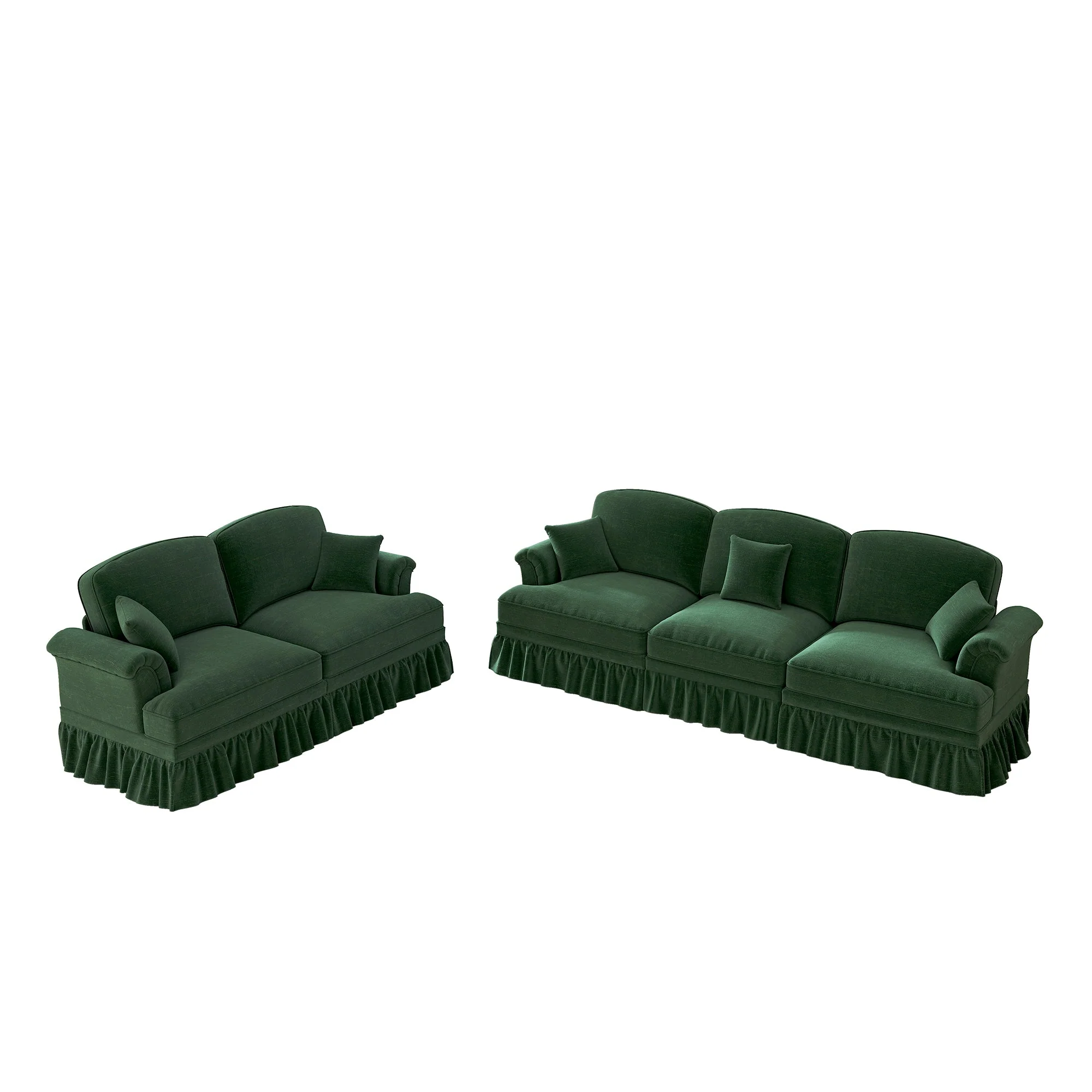 Classic 2-Piece Modular Sofa Set 3-Seater & 2-Seater Loveseat Ruffled Spindle Legs - Chenille Green - Image 10