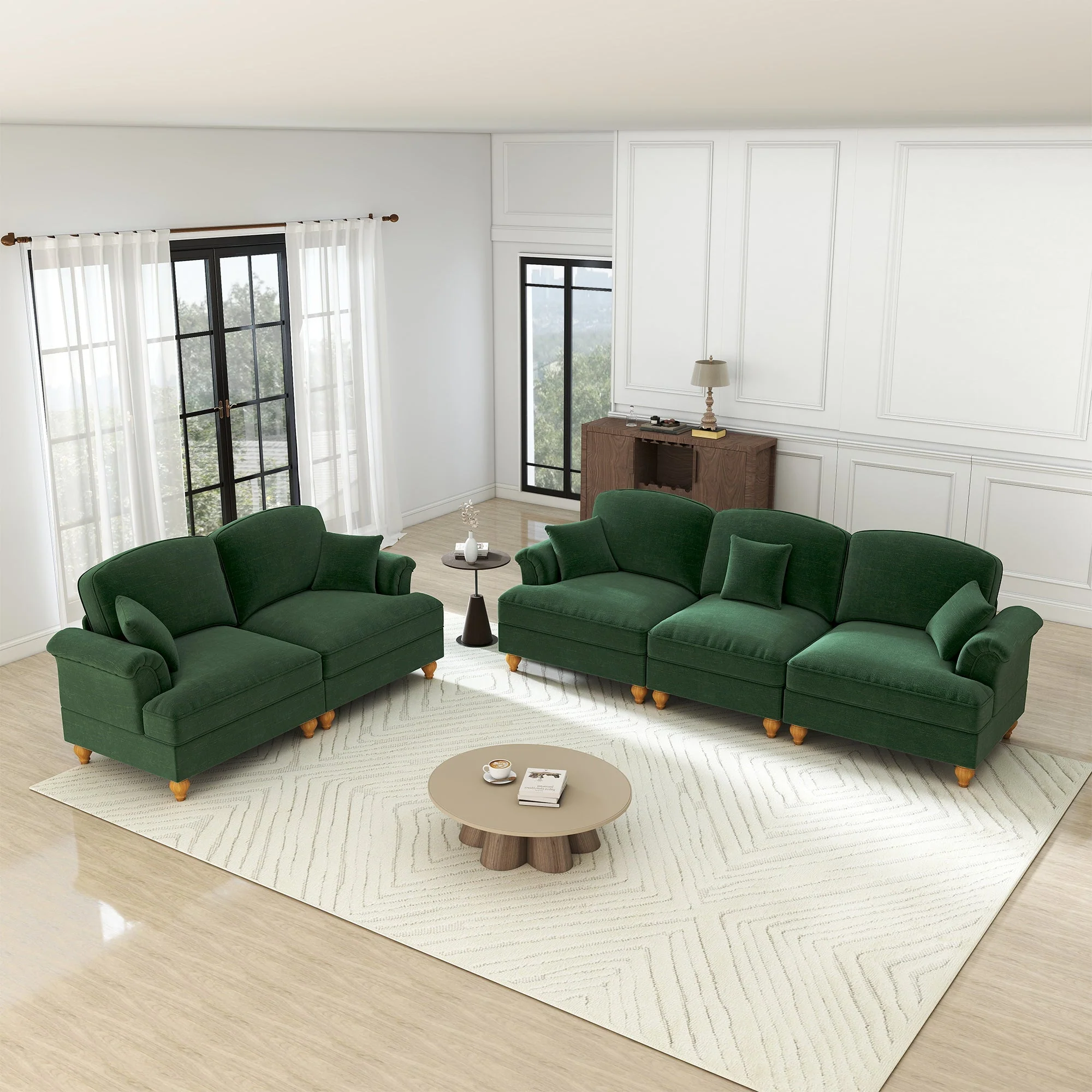 Classic 2-Piece Modular Sofa Set 3-Seater & 2-Seater Loveseat Ruffled Spindle Legs - Chenille Green - Image 3