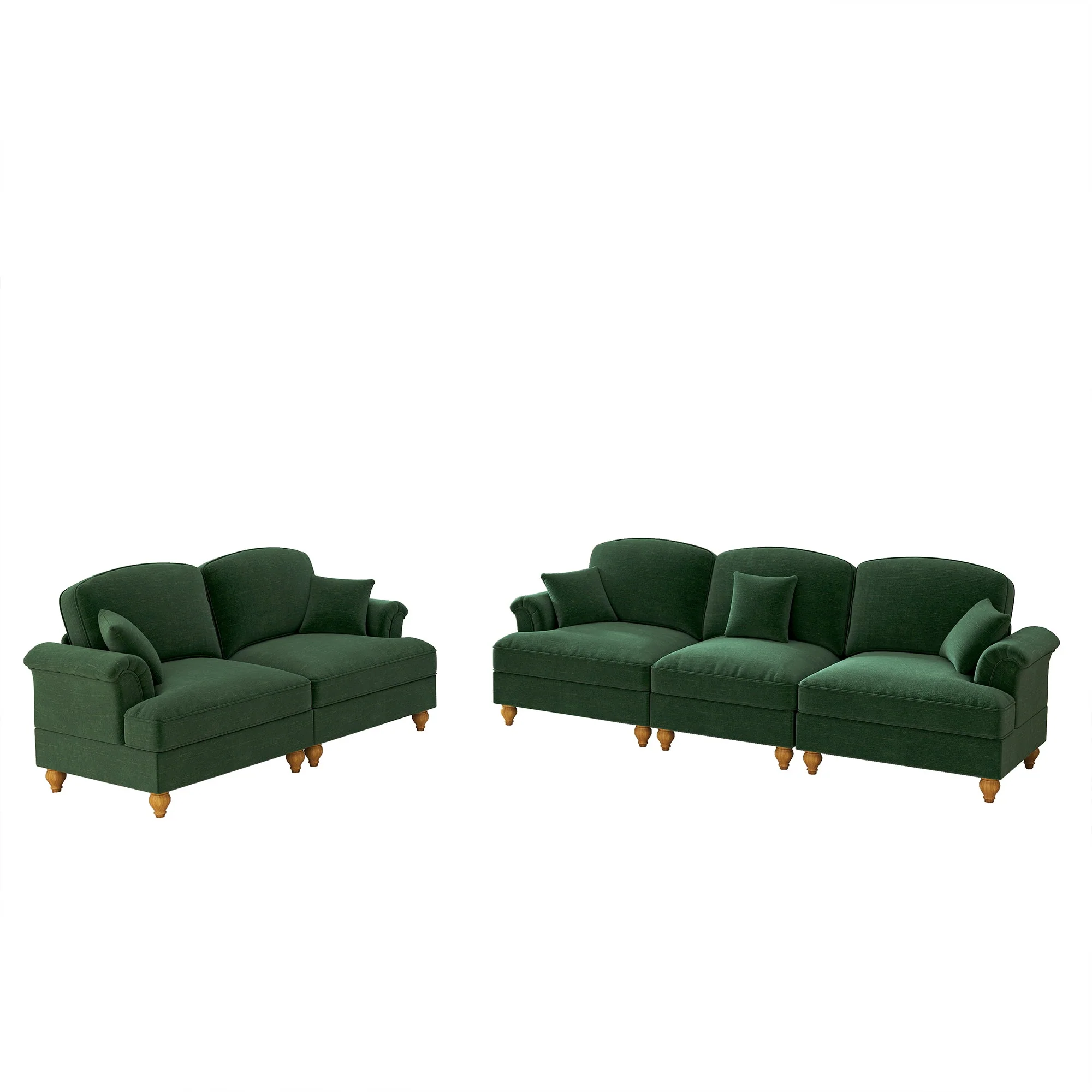 Classic 2-Piece Modular Sofa Set 3-Seater & 2-Seater Loveseat Ruffled Spindle Legs - Chenille Green - Image 8