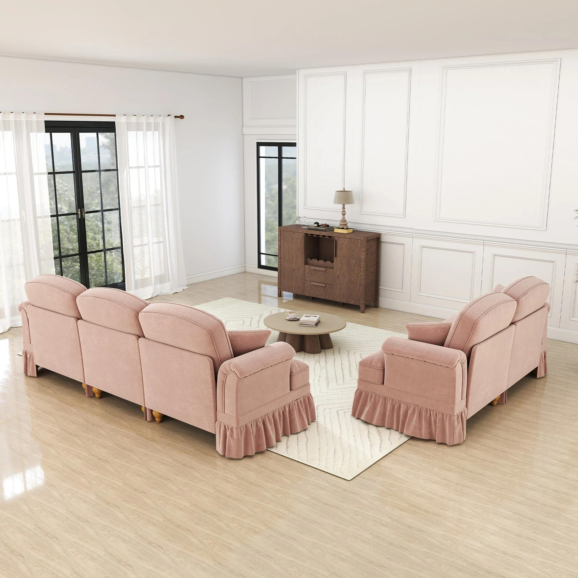 Classic 2-Piece Modular Sofa Set 3-Seater & 2-Seater Removable Ruffled Apron - Chenille Pink - Image 5