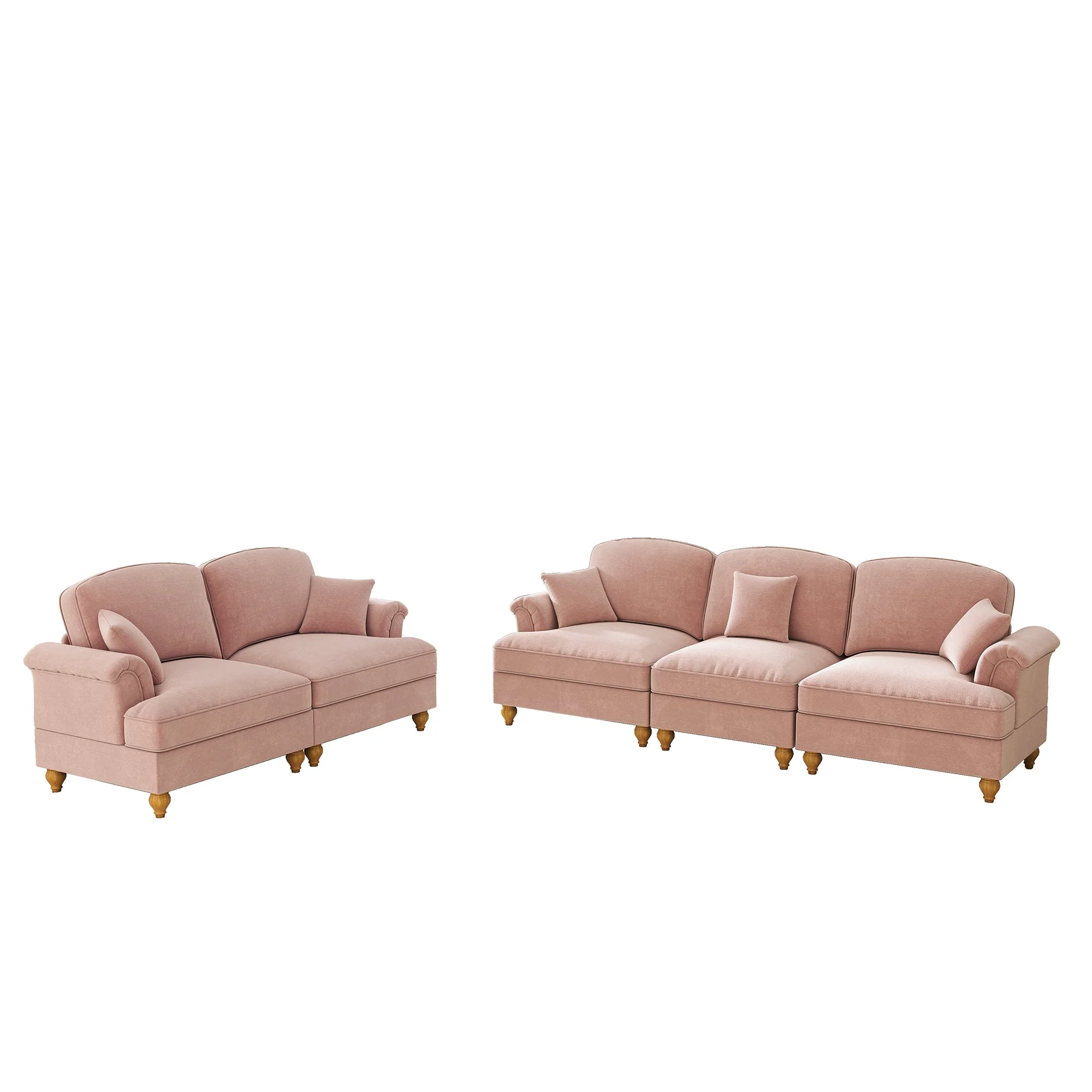 Classic 2-Piece Modular Sofa Set 3-Seater & 2-Seater Removable Ruffled Apron - Chenille Pink - Image 9