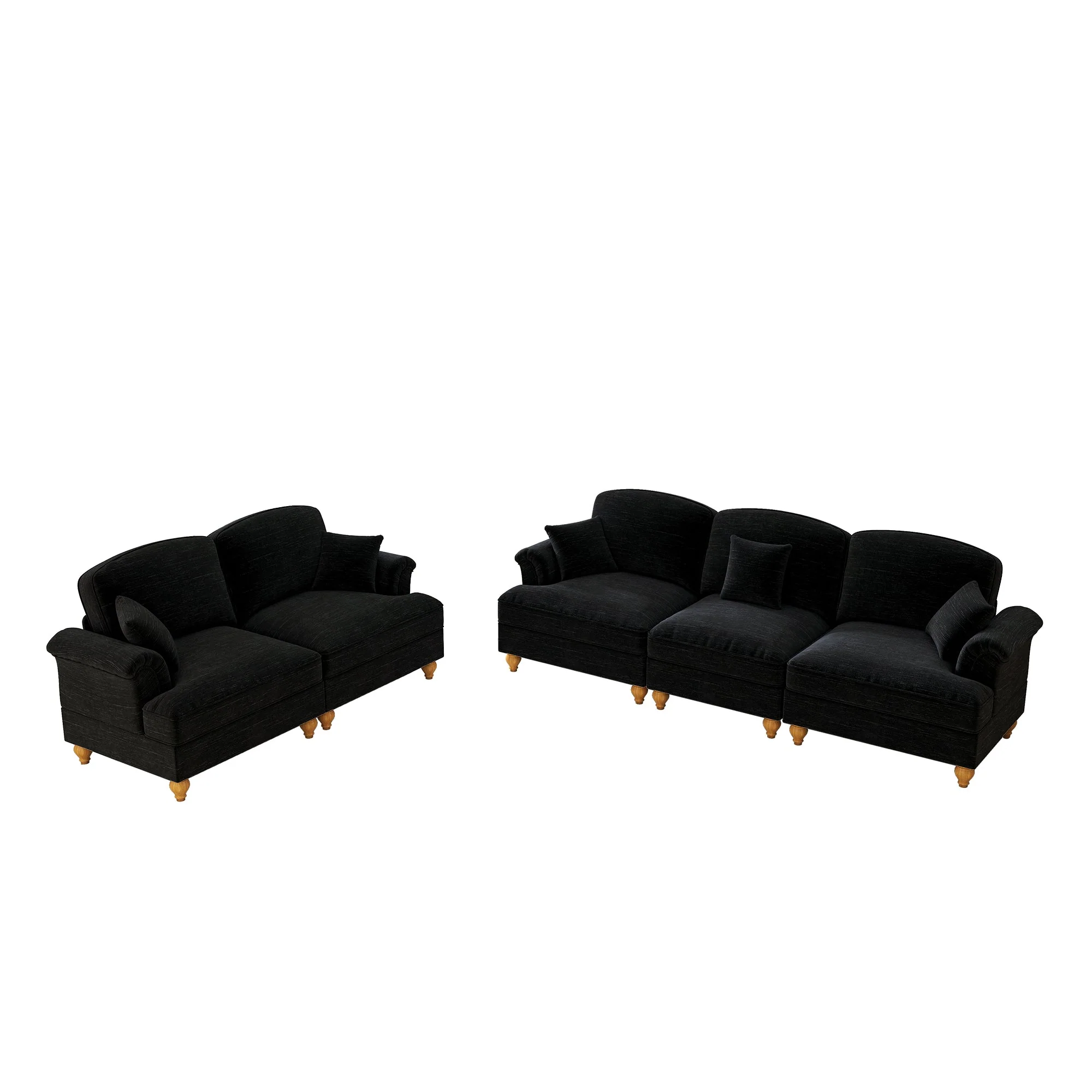 Classic 2-piece Sofa Set Modular 3-Seater & Loveseat Ruffled Apron - Chenille Black - Image 10