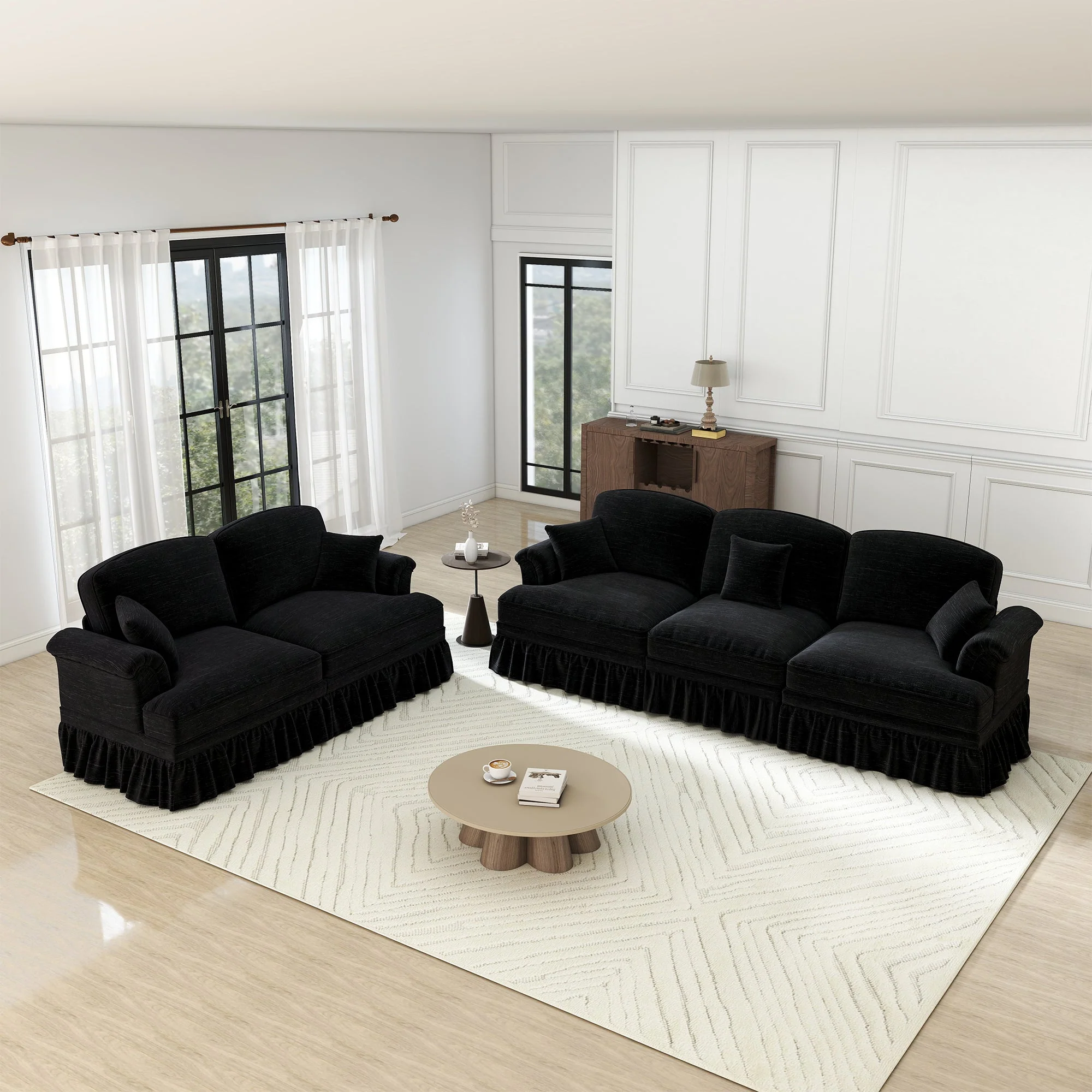 Classic 2-piece Sofa Set Modular 3-Seater & Loveseat Ruffled Apron - Chenille Black - Image 3