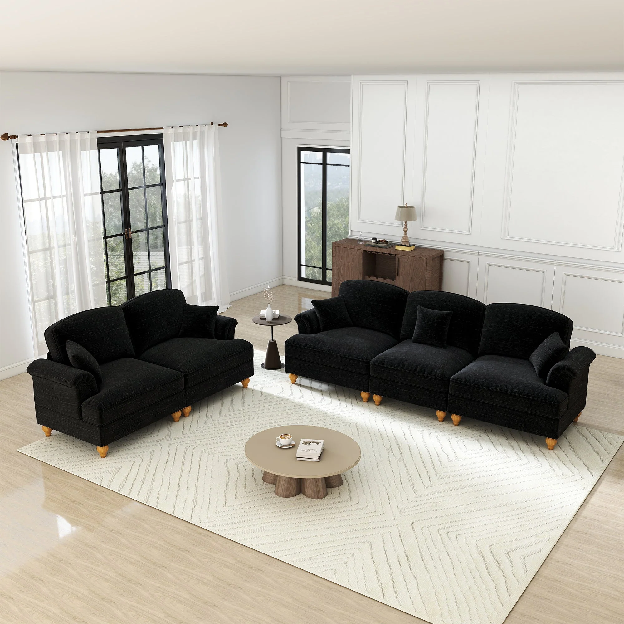 Classic 2-piece Sofa Set Modular 3-Seater & Loveseat Ruffled Apron - Chenille Black - Image 4