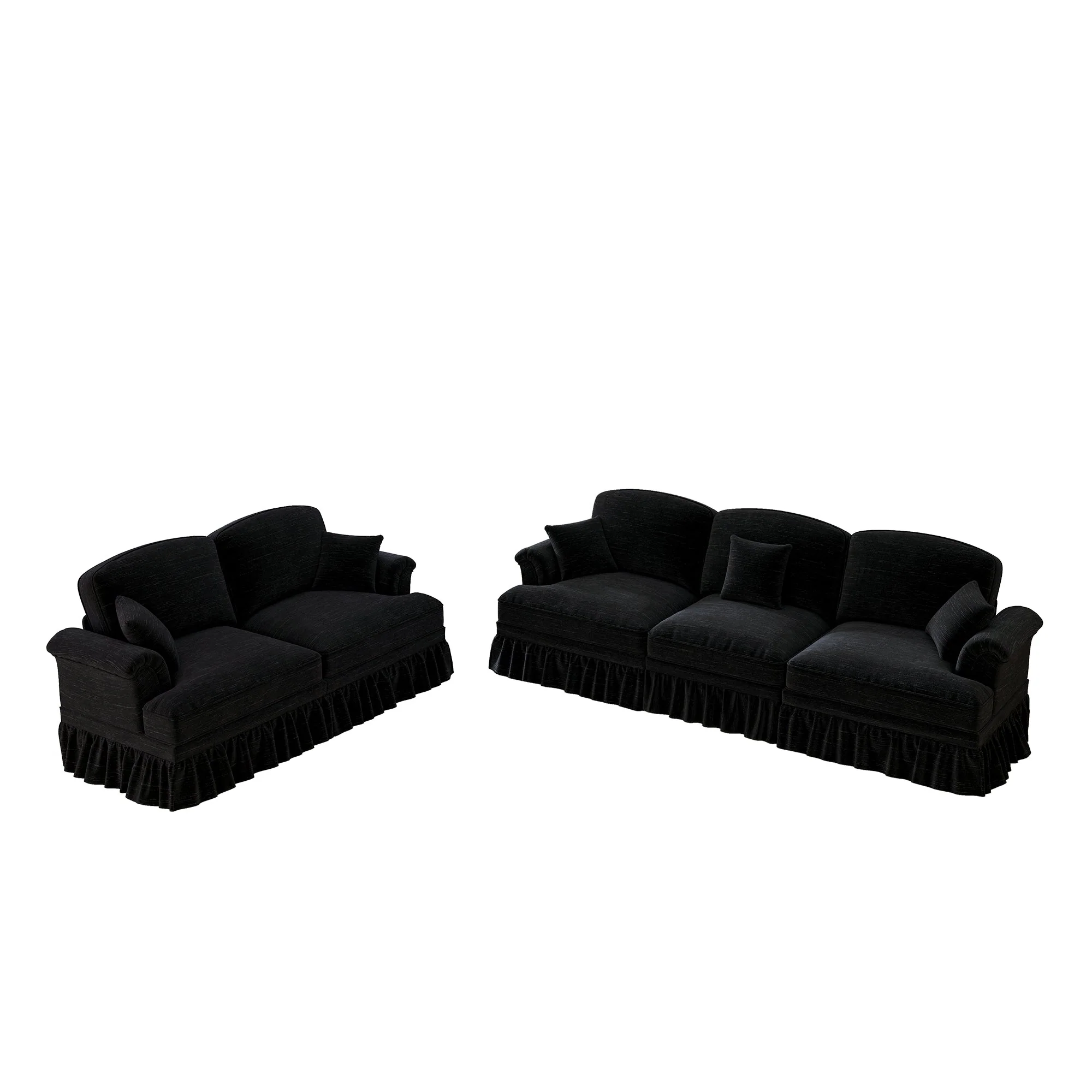 Classic 2-piece Sofa Set Modular 3-Seater & Loveseat Ruffled Apron - Chenille Black - Image 7