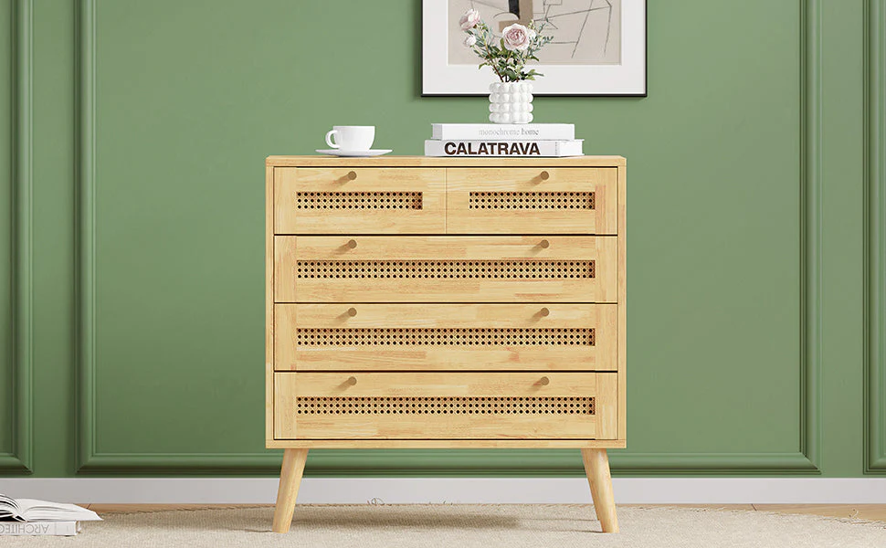 Classic chest of drawers with 3 drawers, rattan drawer top, gold metal handle, wooden legs, chipboard - Image 10