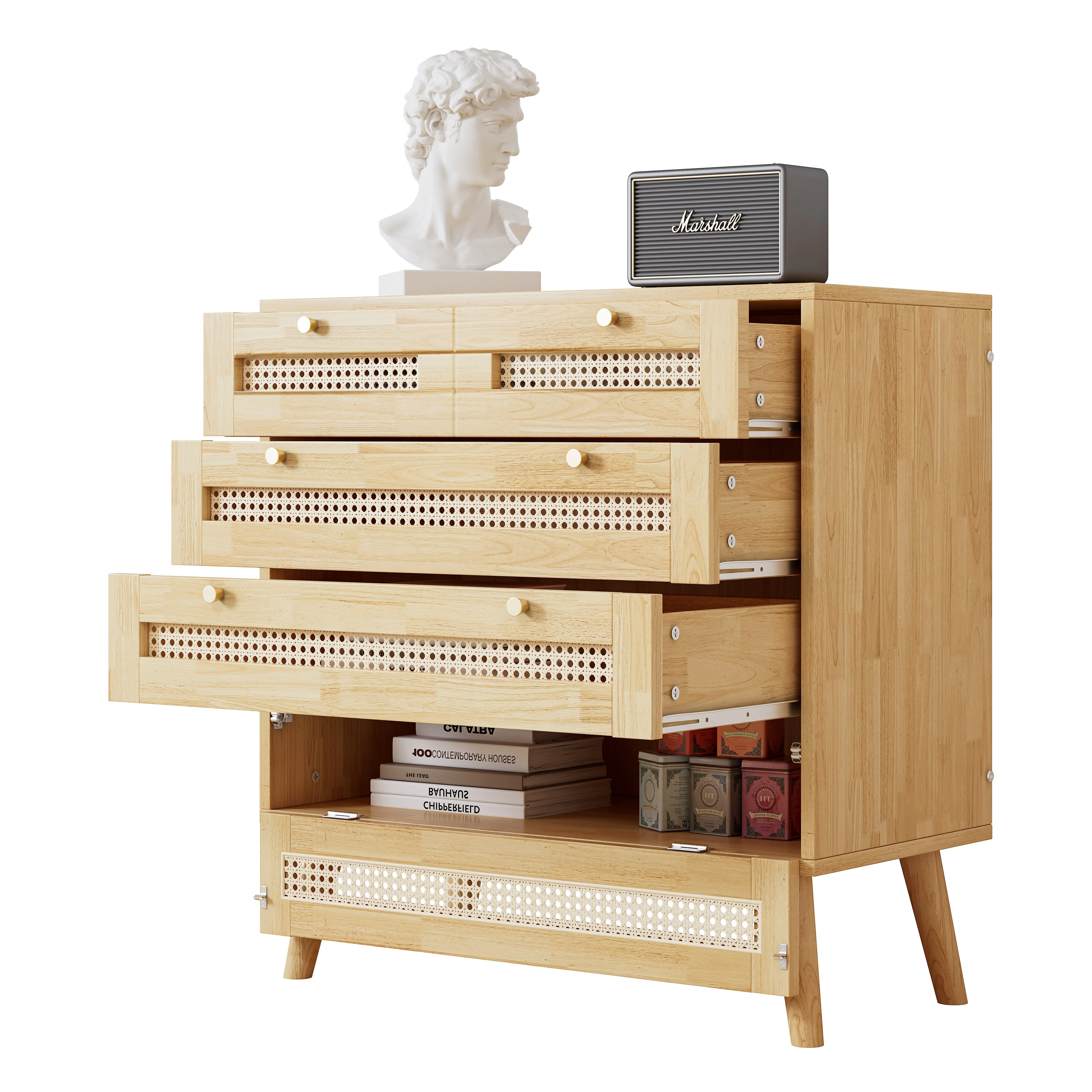 Classic chest of drawers with 3 drawers, rattan drawer top, gold metal handle, wooden legs, chipboard - Image 11