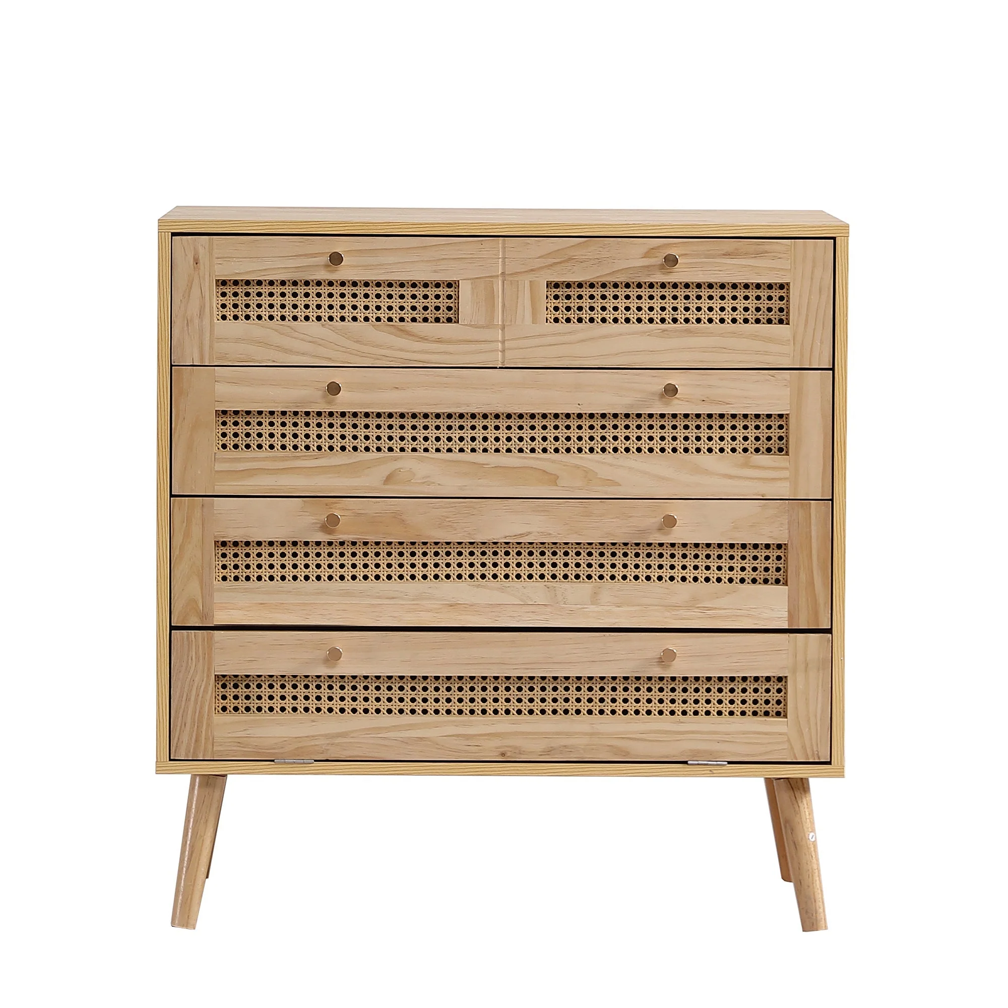 Classic chest of drawers with 3 drawers, rattan drawer top, gold metal handle, wooden legs, chipboard - Image 12