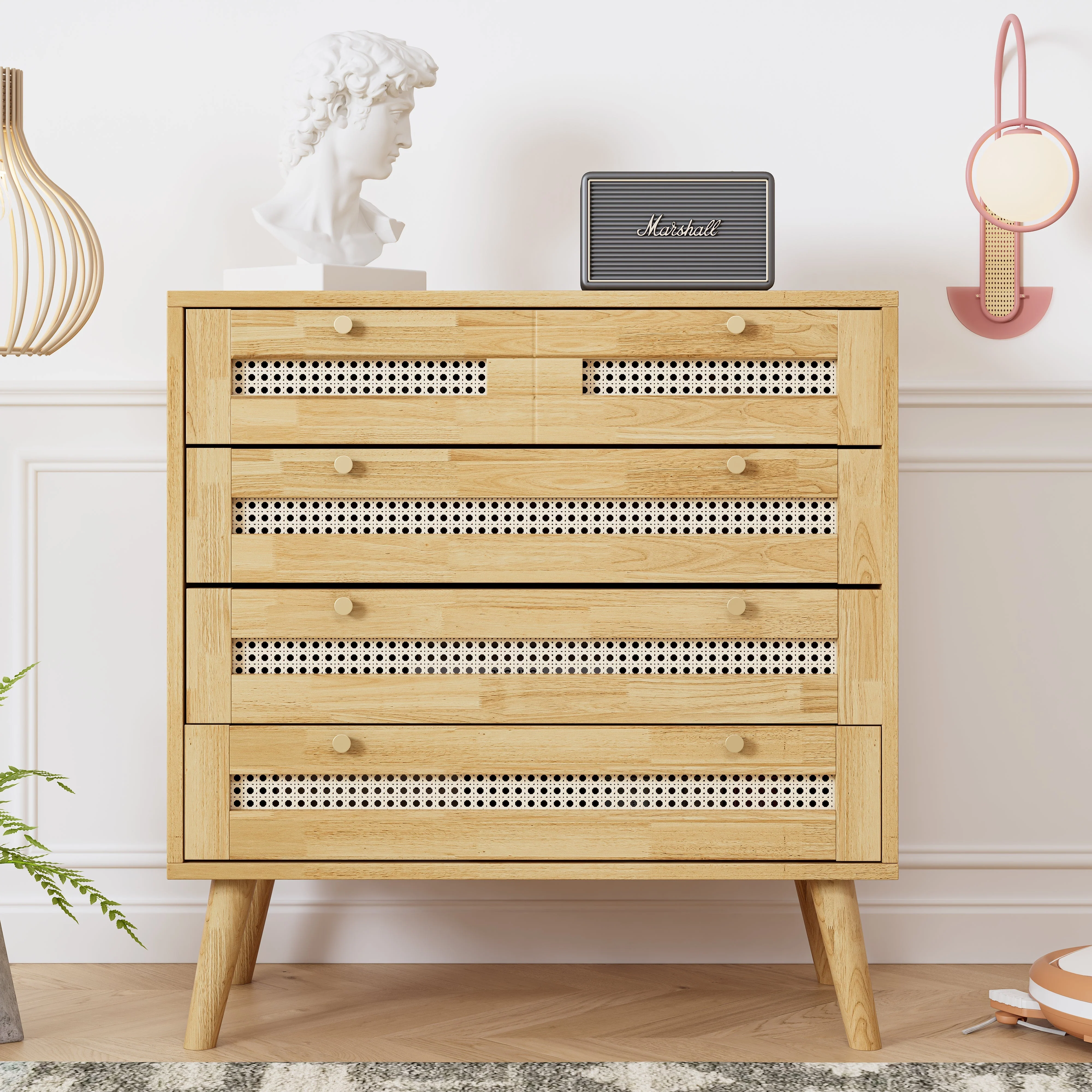 Classic chest of drawers with 3 drawers, rattan drawer top, gold metal handle, wooden legs, chipboard - Image 2
