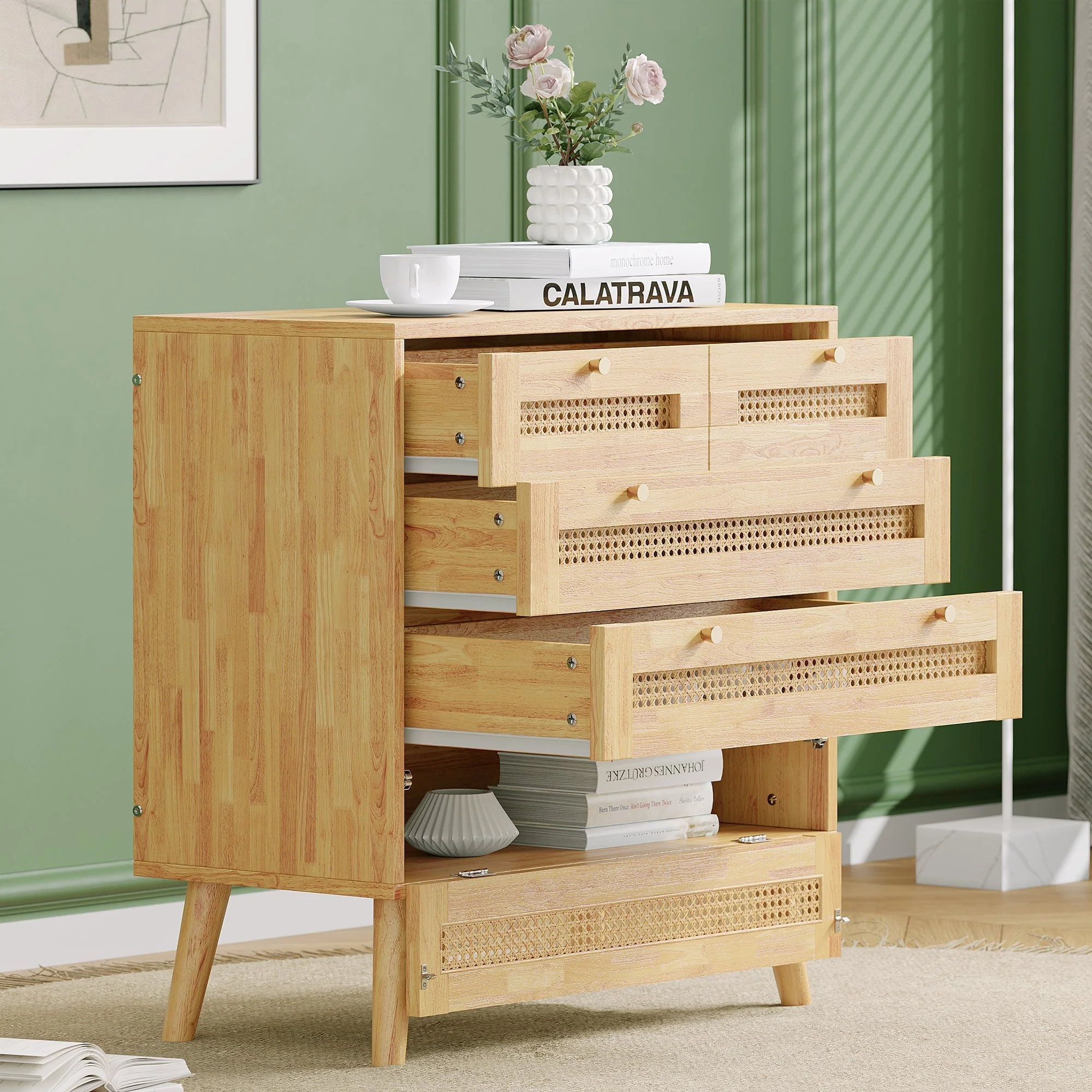 Classic chest of drawers with 3 drawers, rattan drawer top, gold metal handle, wooden legs, chipboard - Image 3