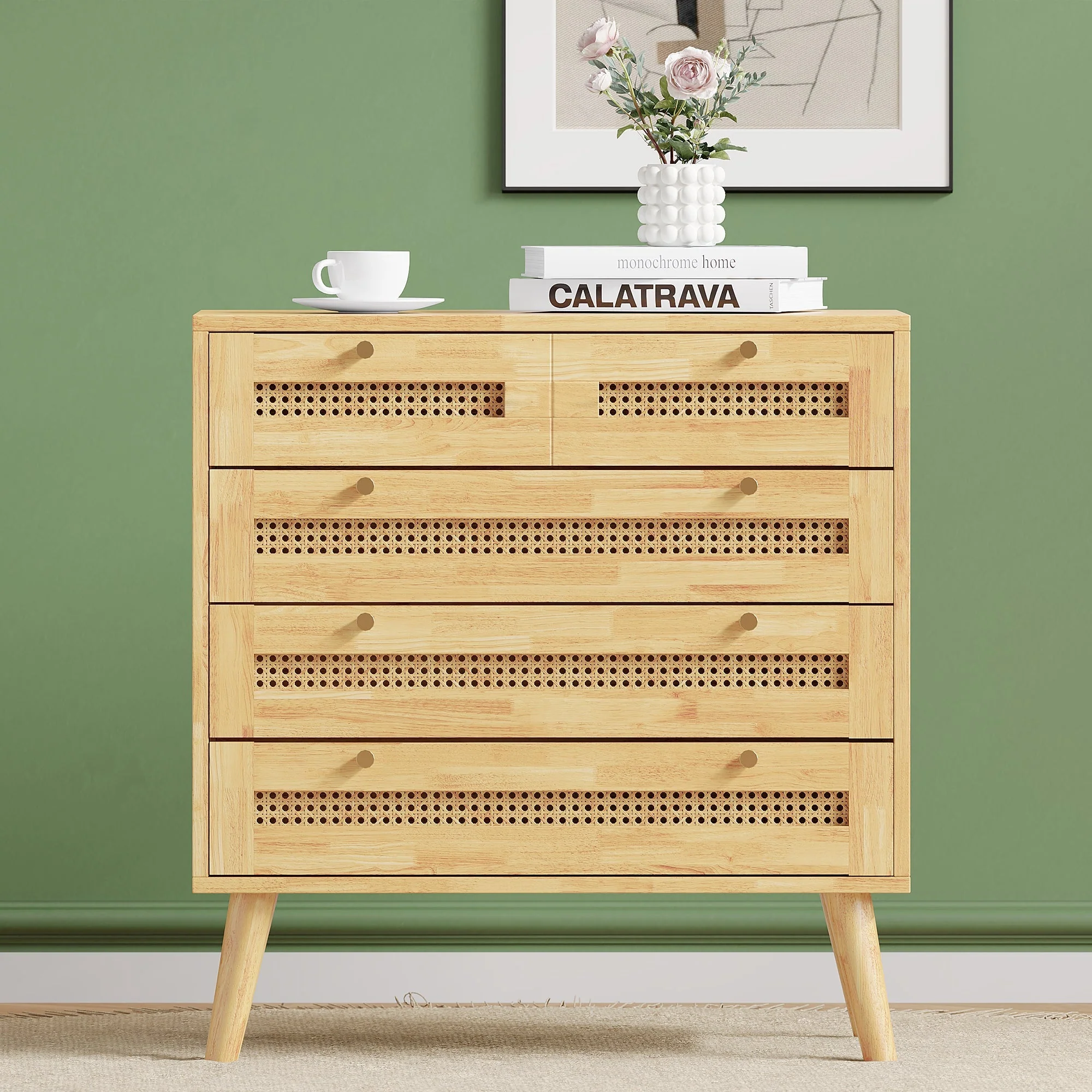 Classic chest of drawers with 3 drawers, rattan drawer top, gold metal handle, wooden legs, chipboard - Image 4