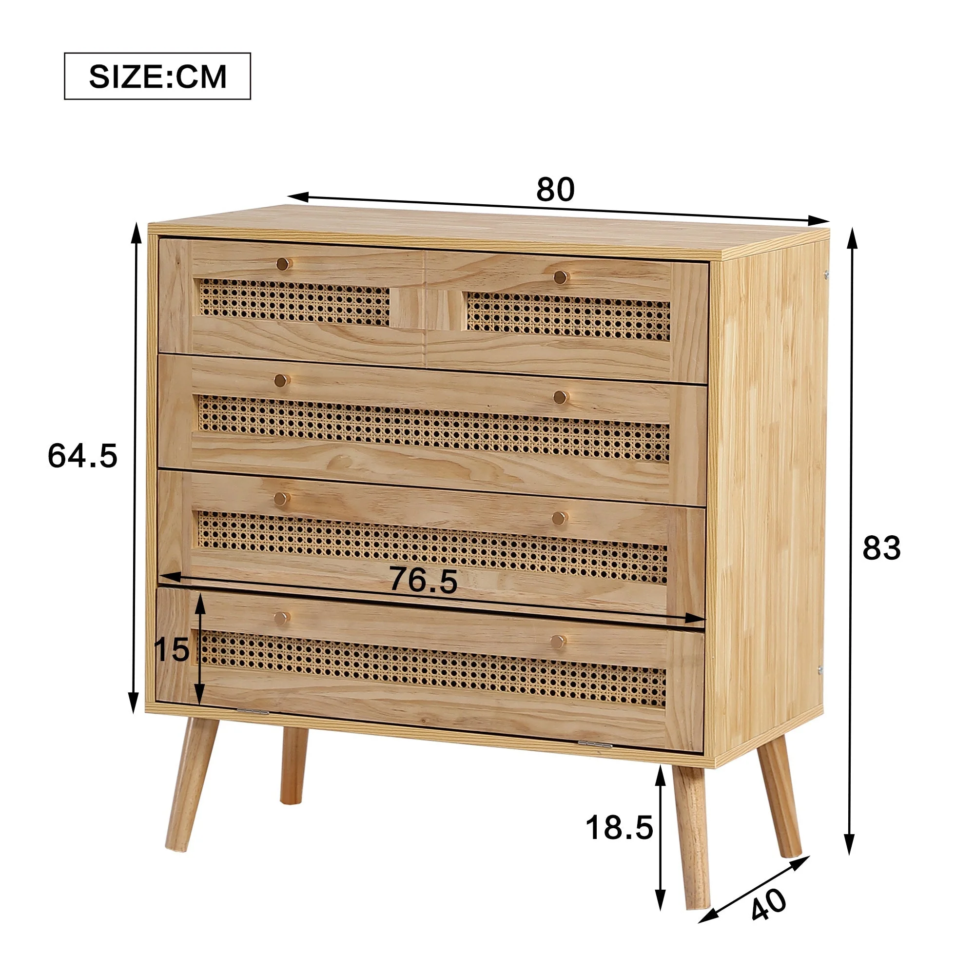 Classic chest of drawers with 3 drawers, rattan drawer top, gold metal handle, wooden legs, chipboard - Image 5