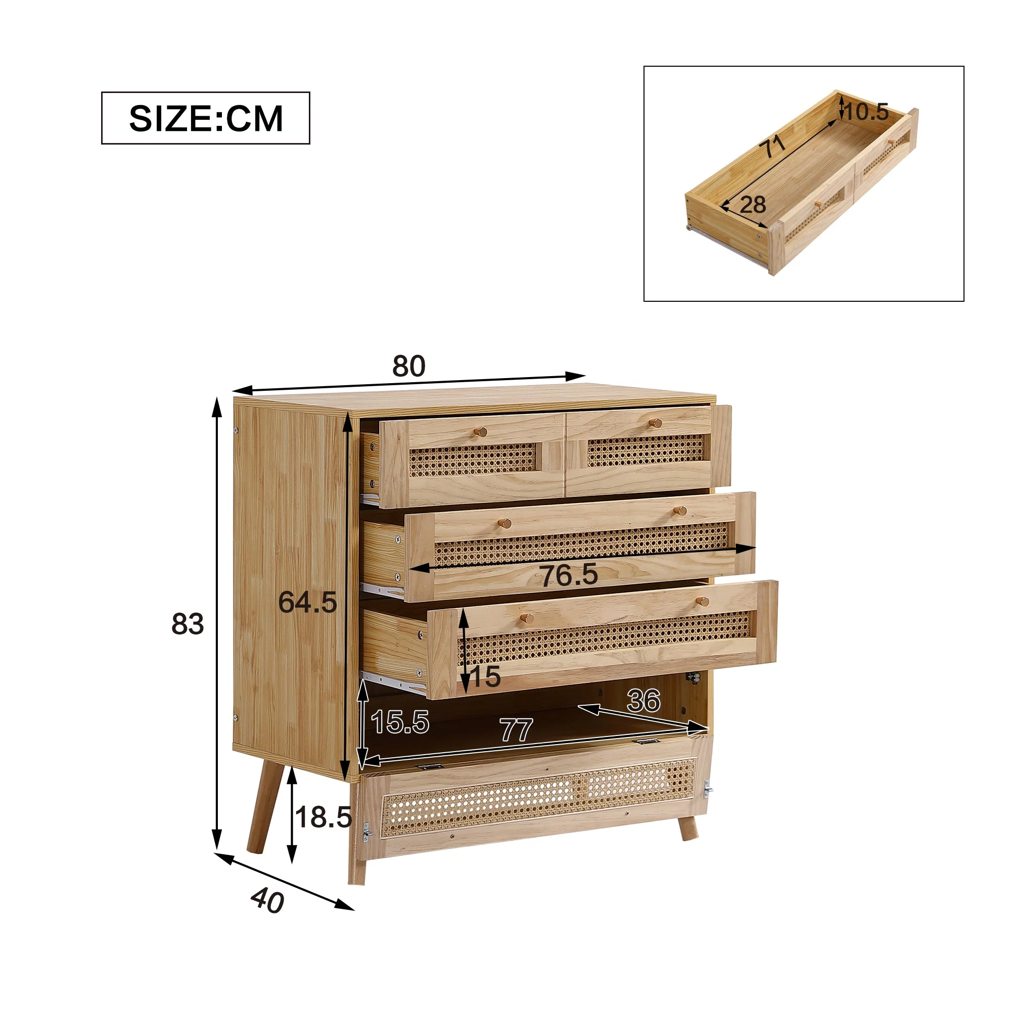 Classic chest of drawers with 3 drawers, rattan drawer top, gold metal handle, wooden legs, chipboard - Image 6