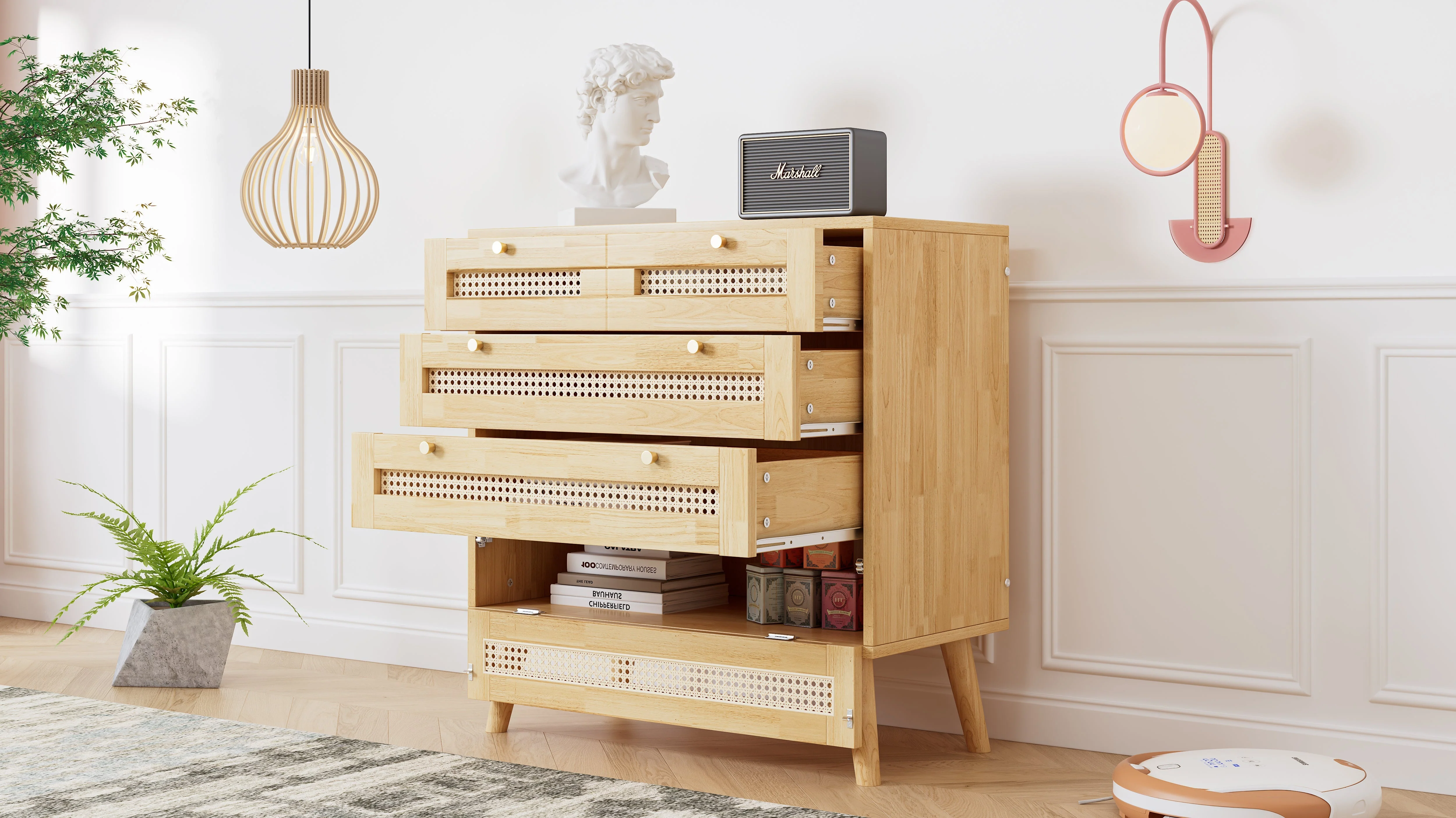 Classic chest of drawers with 3 drawers, rattan drawer top, gold metal handle, wooden legs, chipboard - Image 7