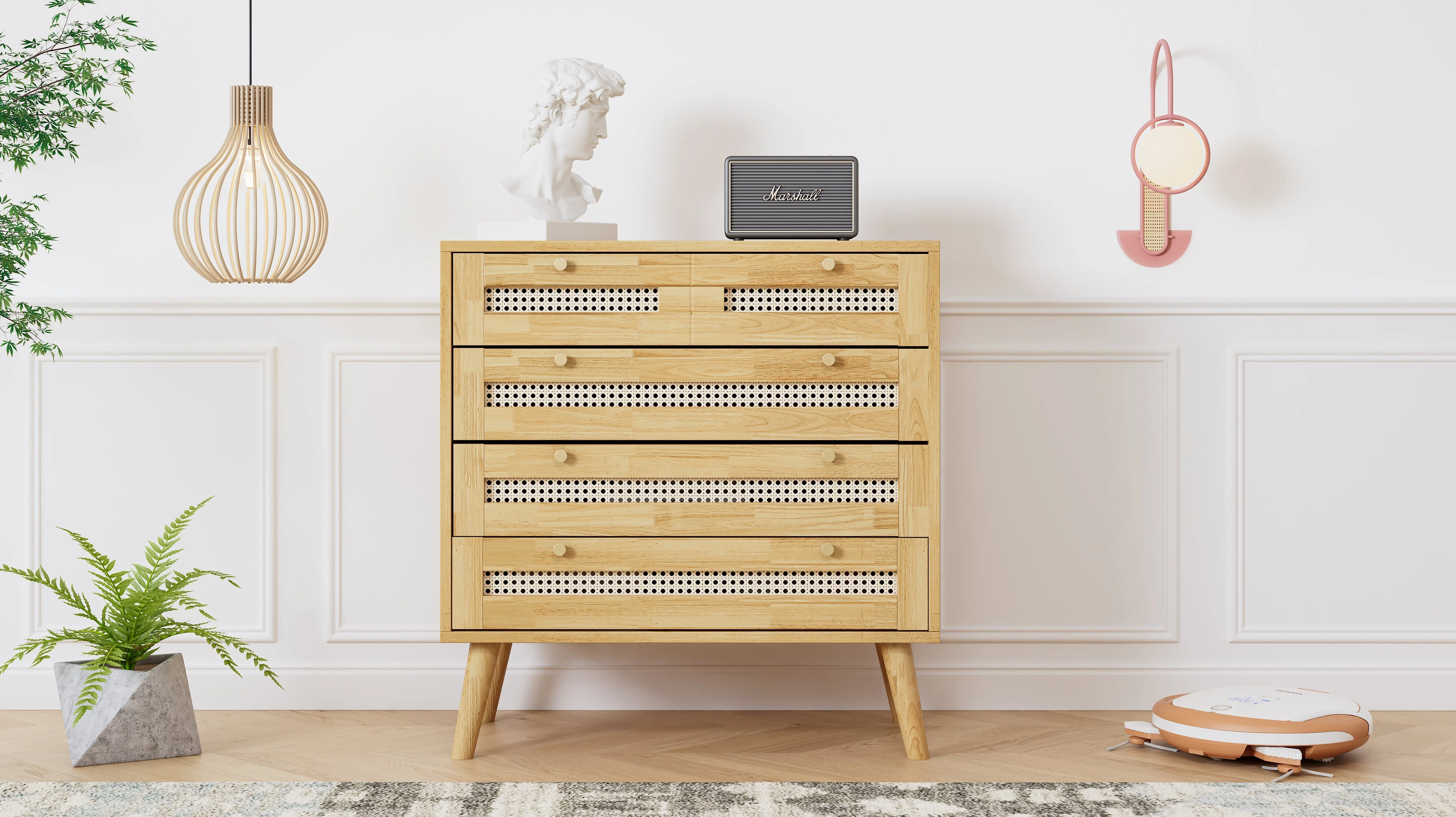 Classic chest of drawers with 3 drawers, rattan drawer top, gold metal handle, wooden legs, chipboard - Image 8