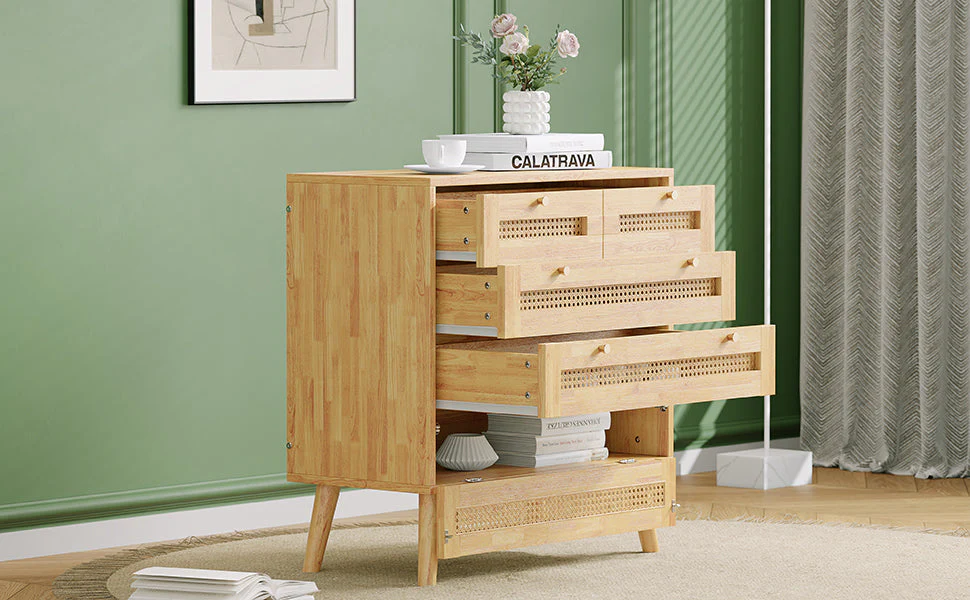 Classic chest of drawers with 3 drawers, rattan drawer top, gold metal handle, wooden legs, chipboard - Image 9