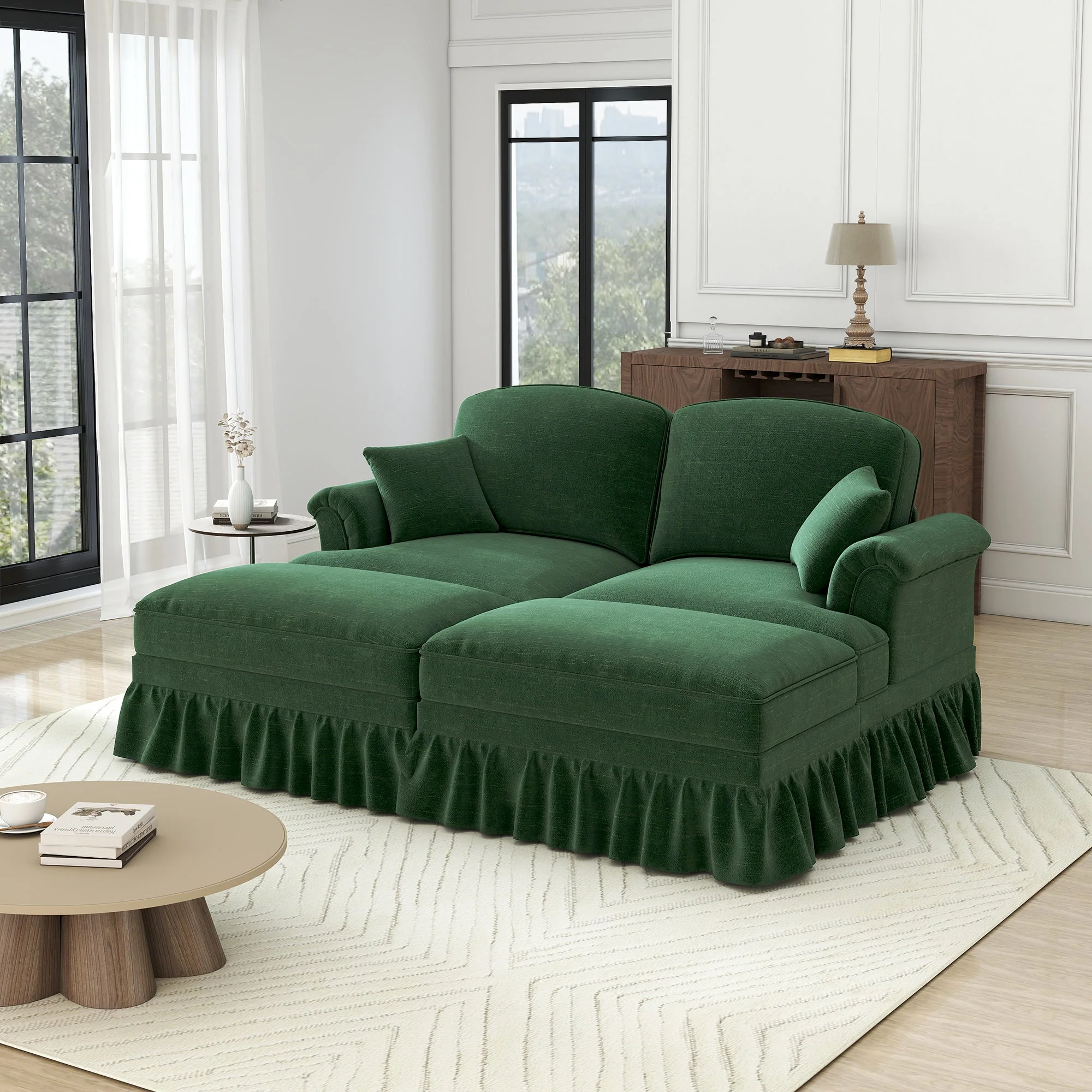 Classic Modular 2-Seater Sofa Movable Ottoman Funnel Armrests Chenille Green - Image 2