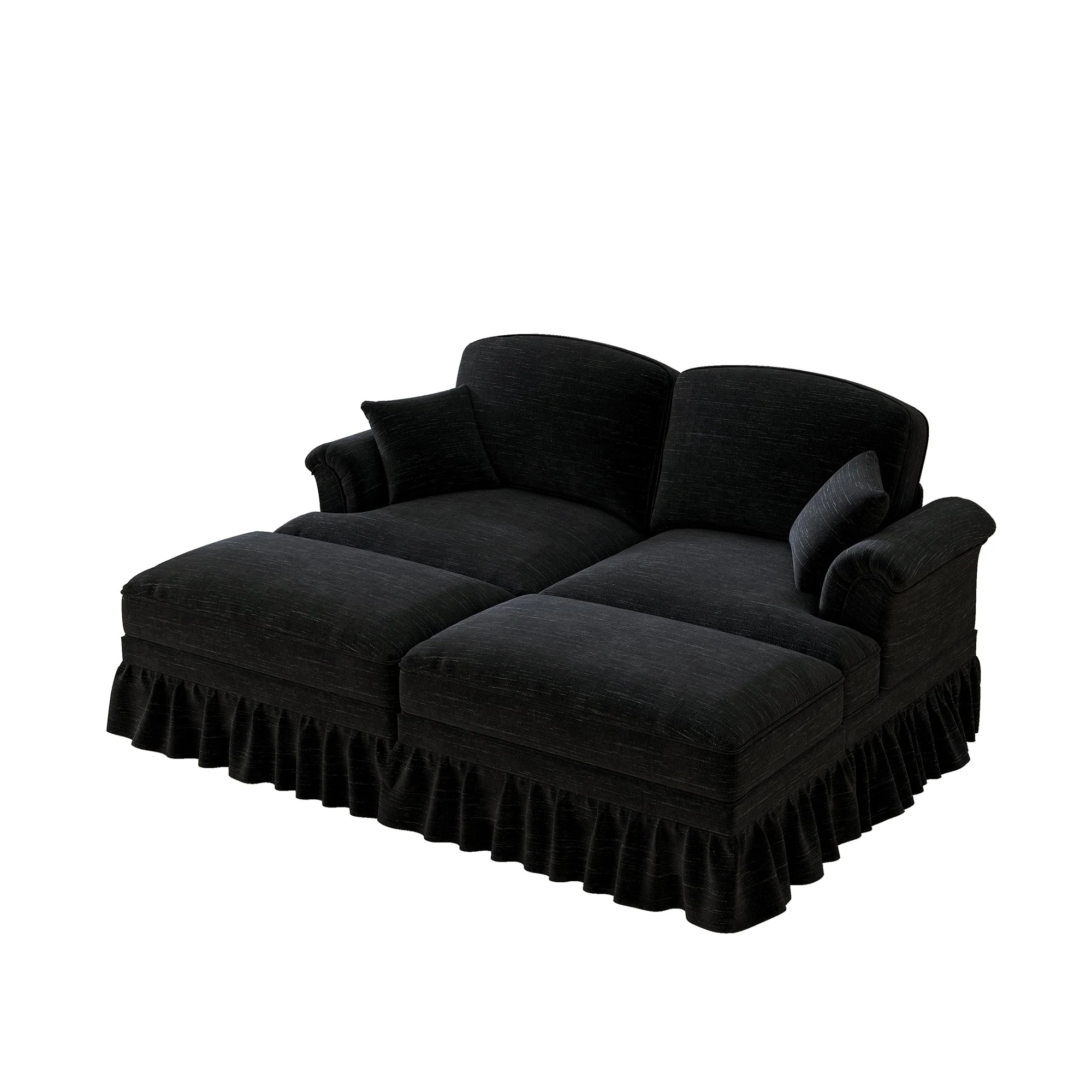 Classic Modular 2-Seater Sofa with Ottoman & Ruffled Apron - Black Chenille - Image 9