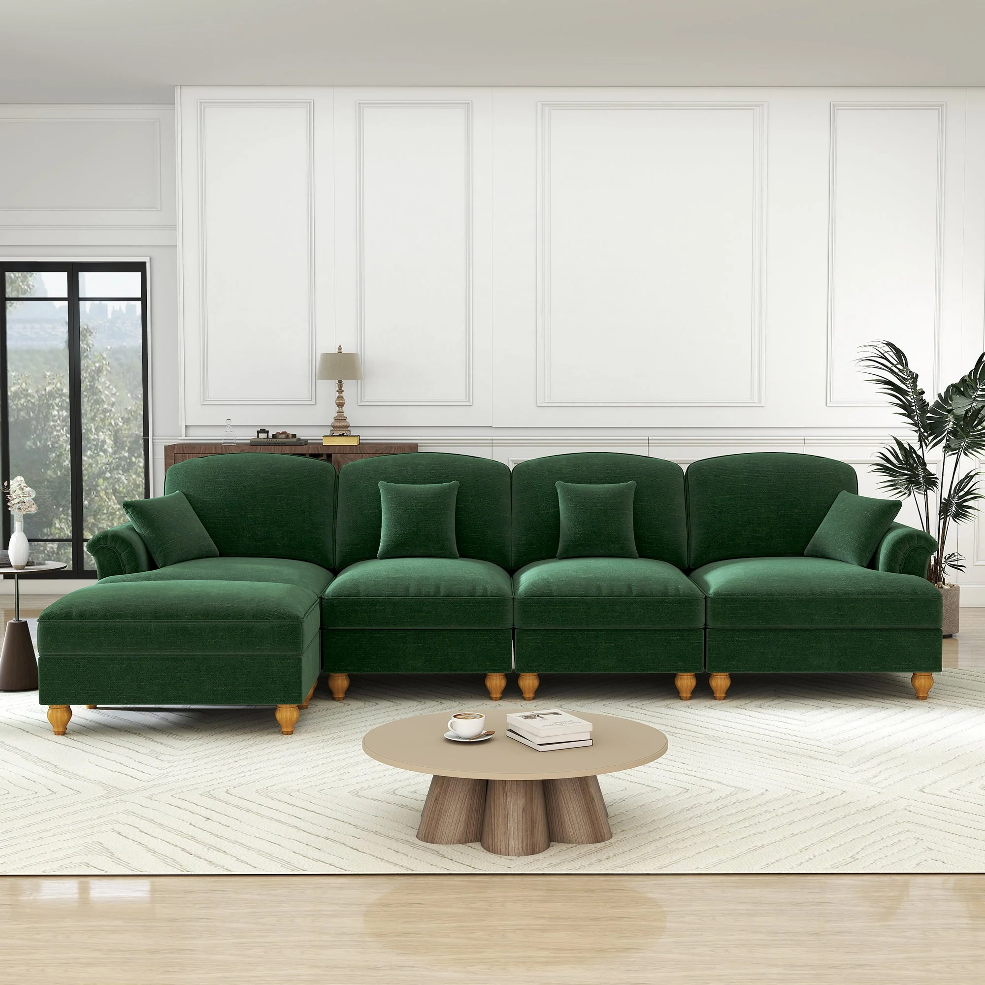 Classic Modular L-Shaped 4-Seater Sofa w/ Movable Ottoman Deep Seat, Chenille Green - Image 3