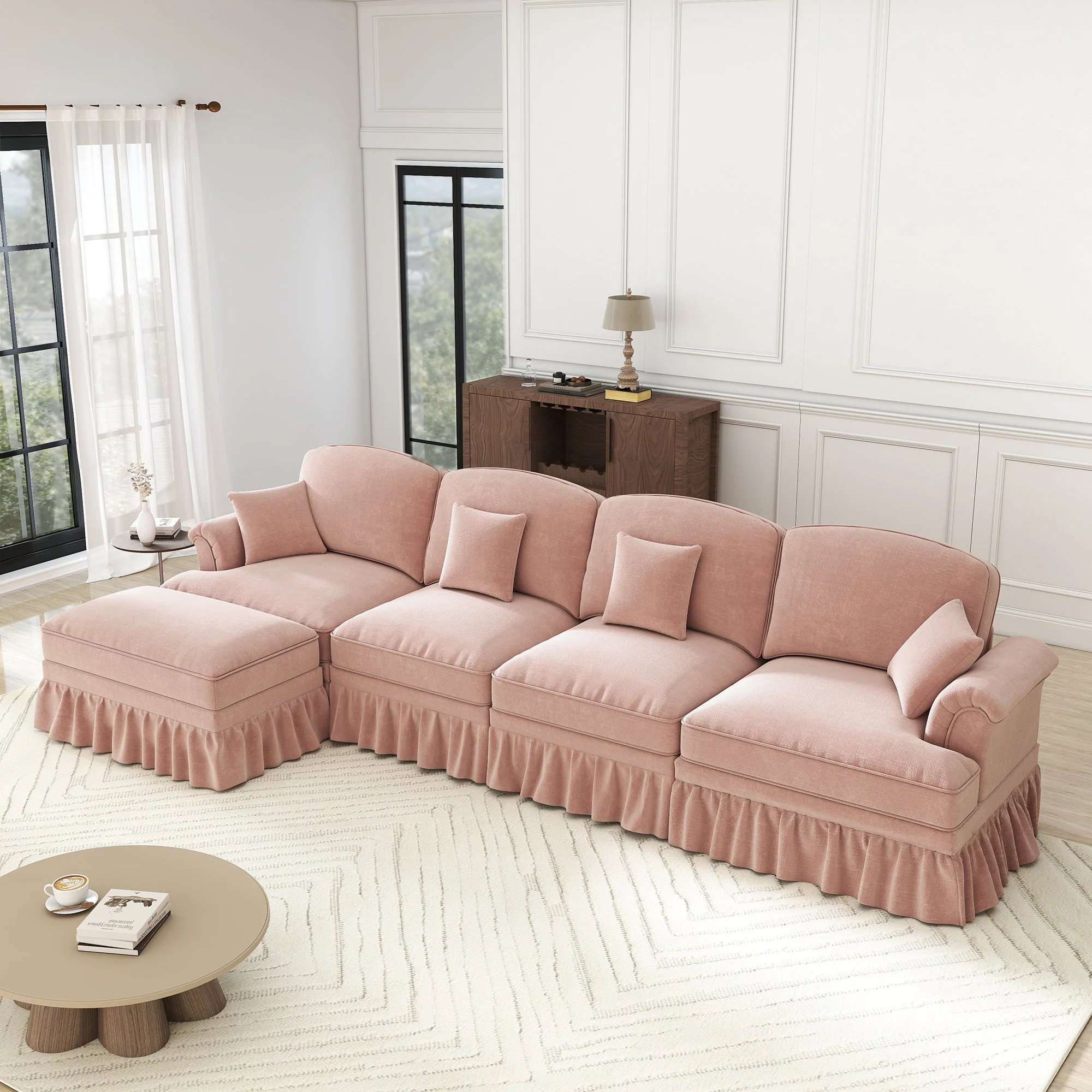 Classic Modular L-Shaped 4-Seater Sofa with Movable Ottoman Chenille Pink - Image 6