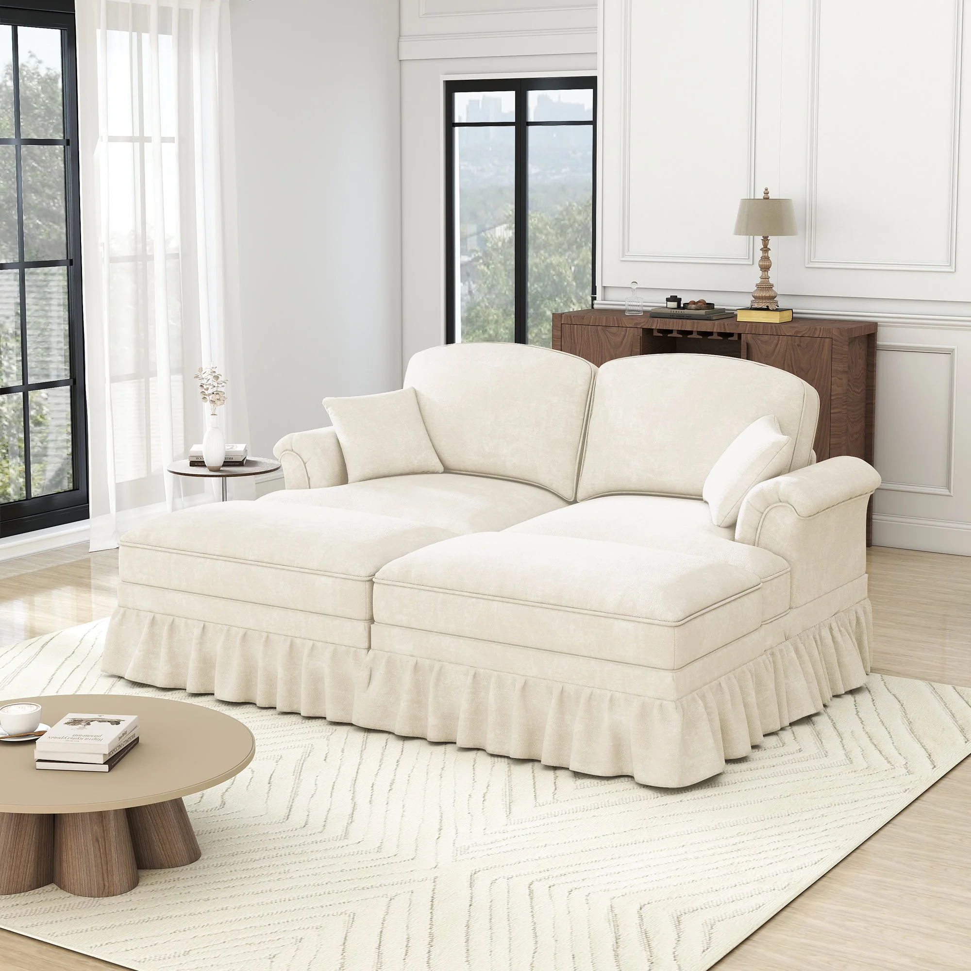 Classic Modular Sofa 2-Seater Ottoman - White Chenille - Image 2