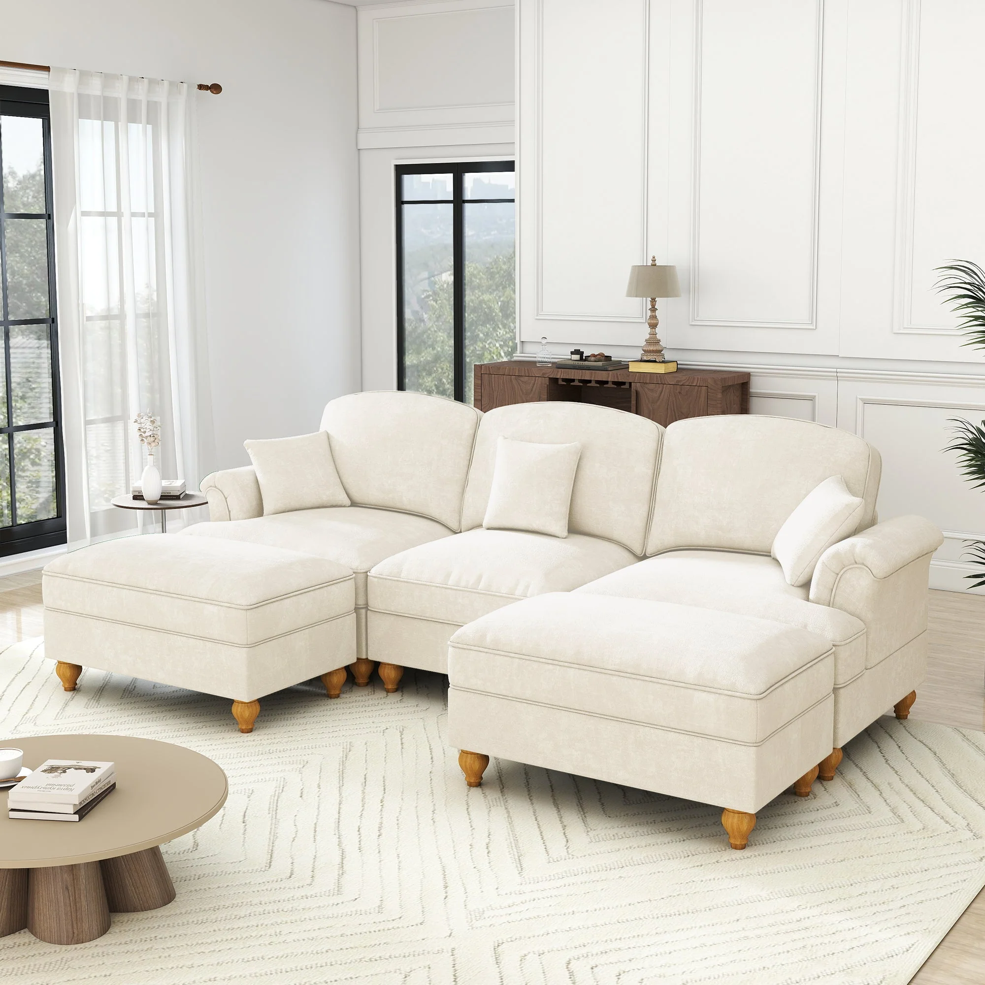 Classic Modular U-Shaped Sofa Chenille Movable Ottoman - White