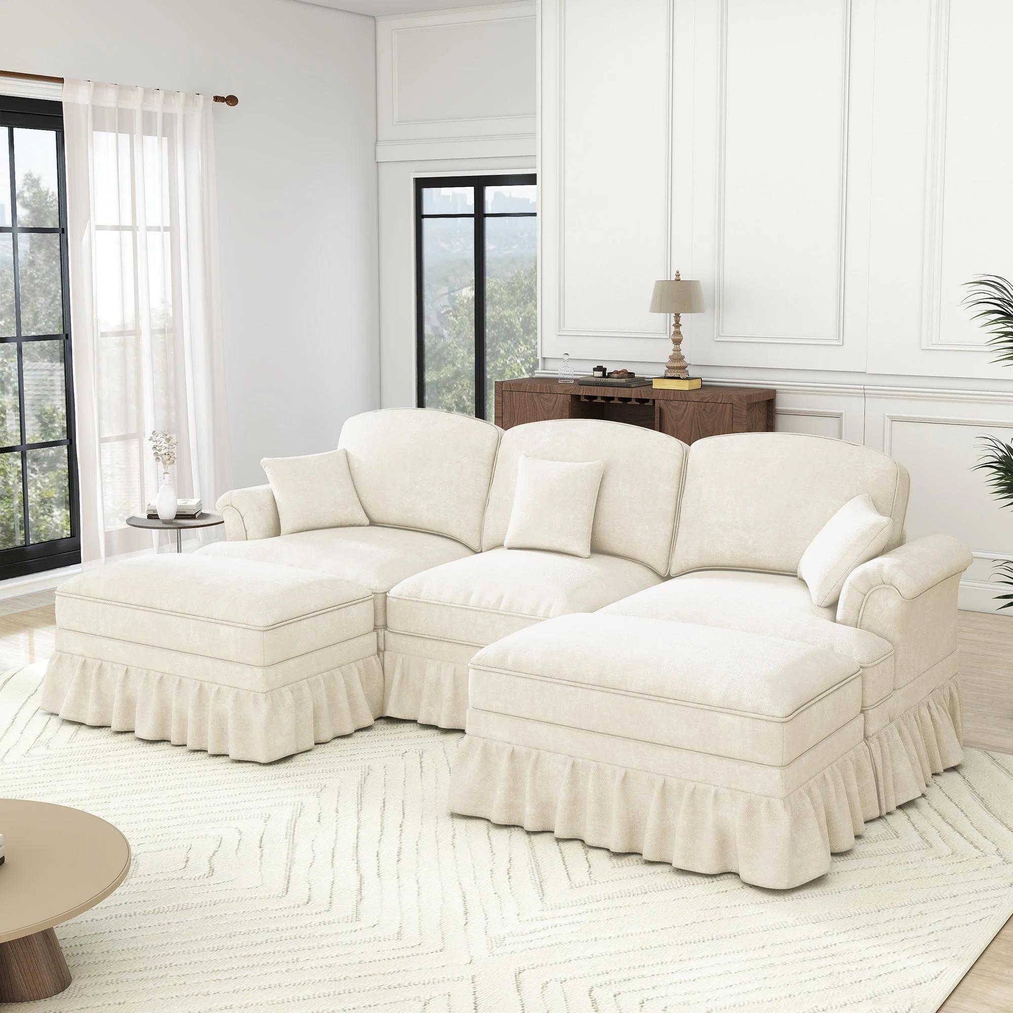 Classic Modular U-Shaped Sofa Chenille Movable Ottoman - White - Image 2