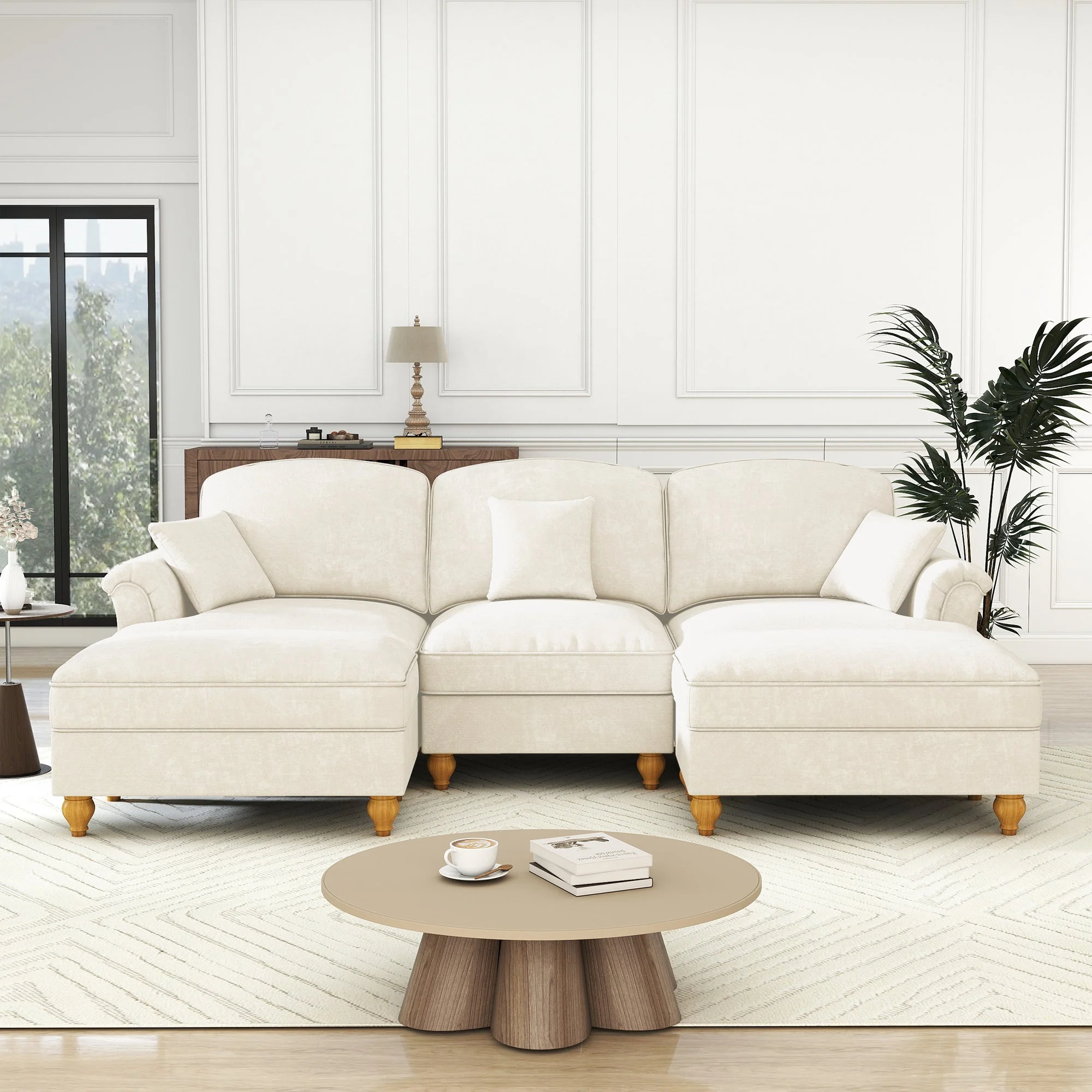 Classic Modular U-Shaped Sofa Chenille Movable Ottoman - White - Image 3