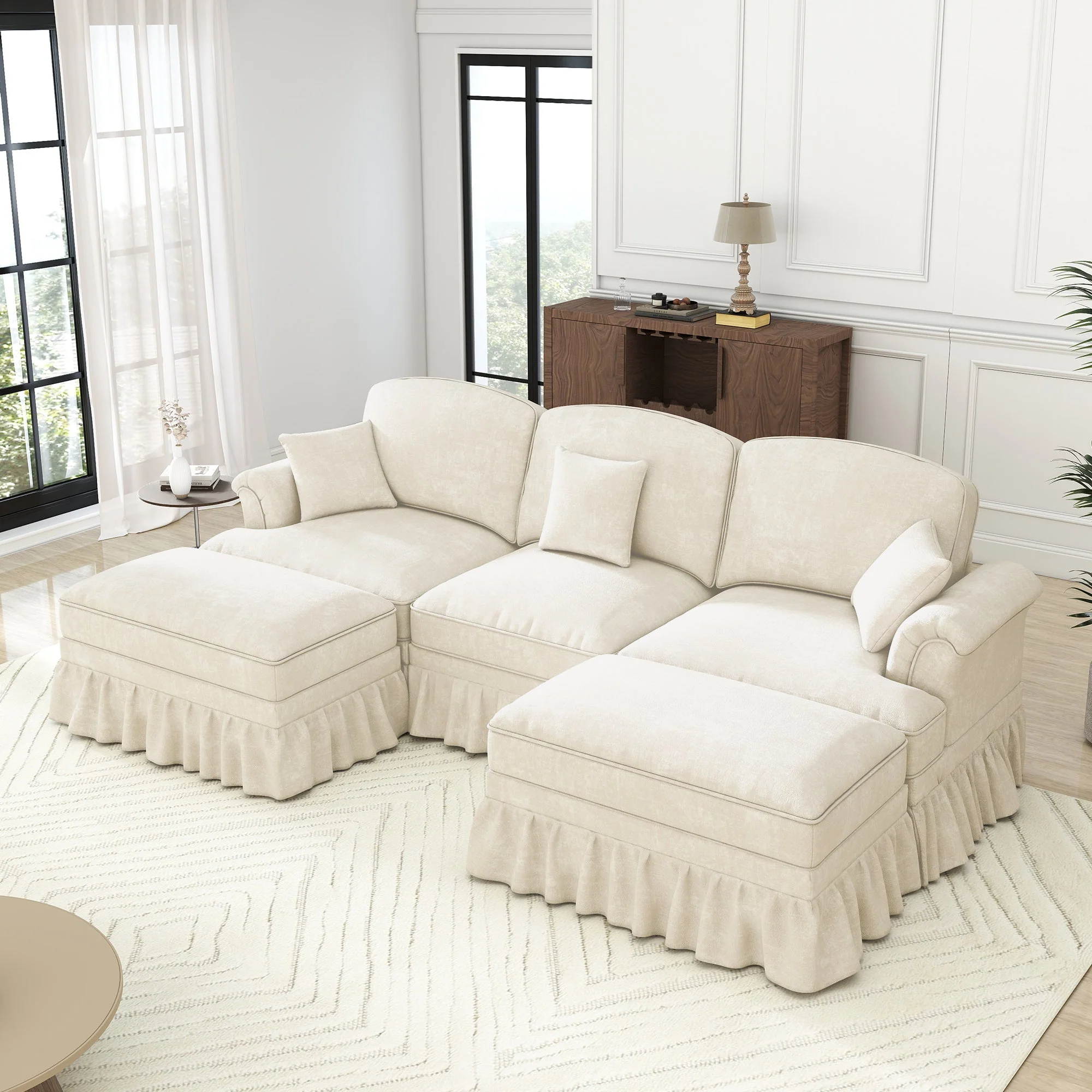Classic Modular U-Shaped Sofa Chenille Movable Ottoman - White - Image 6