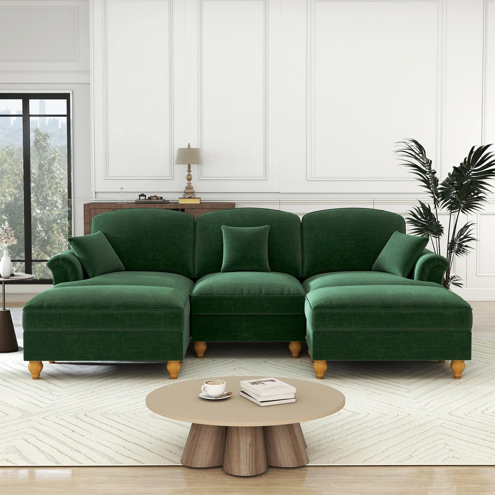 Classic U-Shaped Modular Sofa with Ottoman, Chenille - Green - Image 3