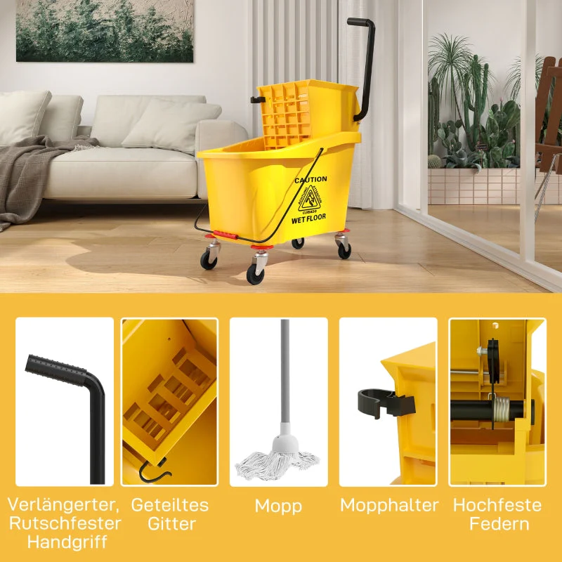 Cleaning Cart - 36 Liter, Mop & Handle - Yellow - Image 6