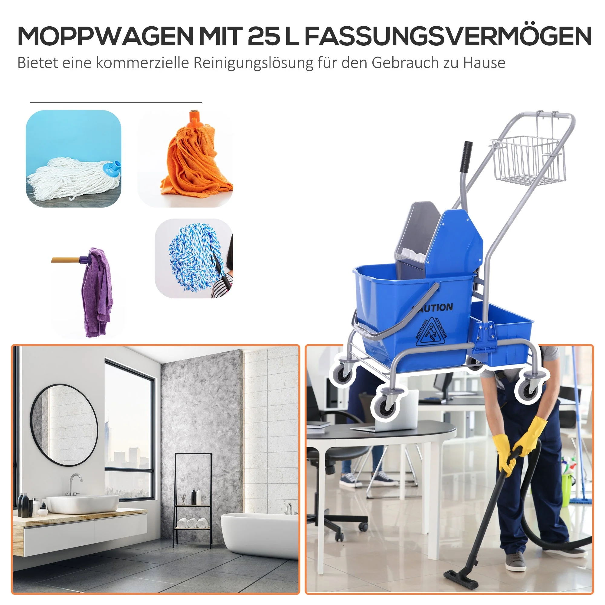 Cleaning Cart Mobile Mop Bucket, 25 Liters with Wringer and 4 Wheels, Blue - Image 5