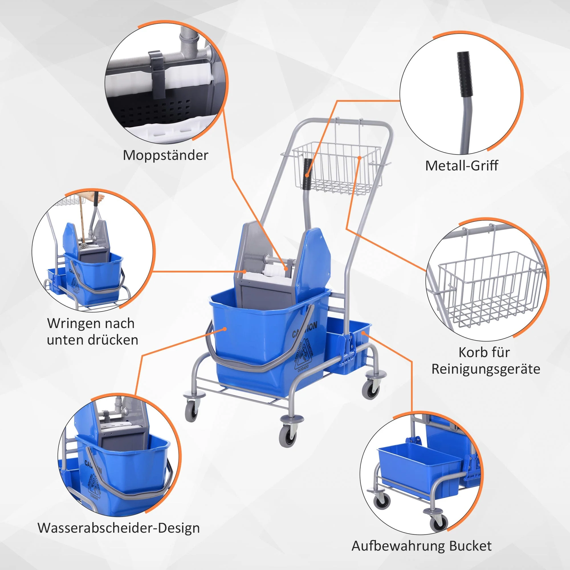 Cleaning Cart Mobile Mop Bucket, 25 Liters with Wringer and 4 Wheels, Blue - Image 6