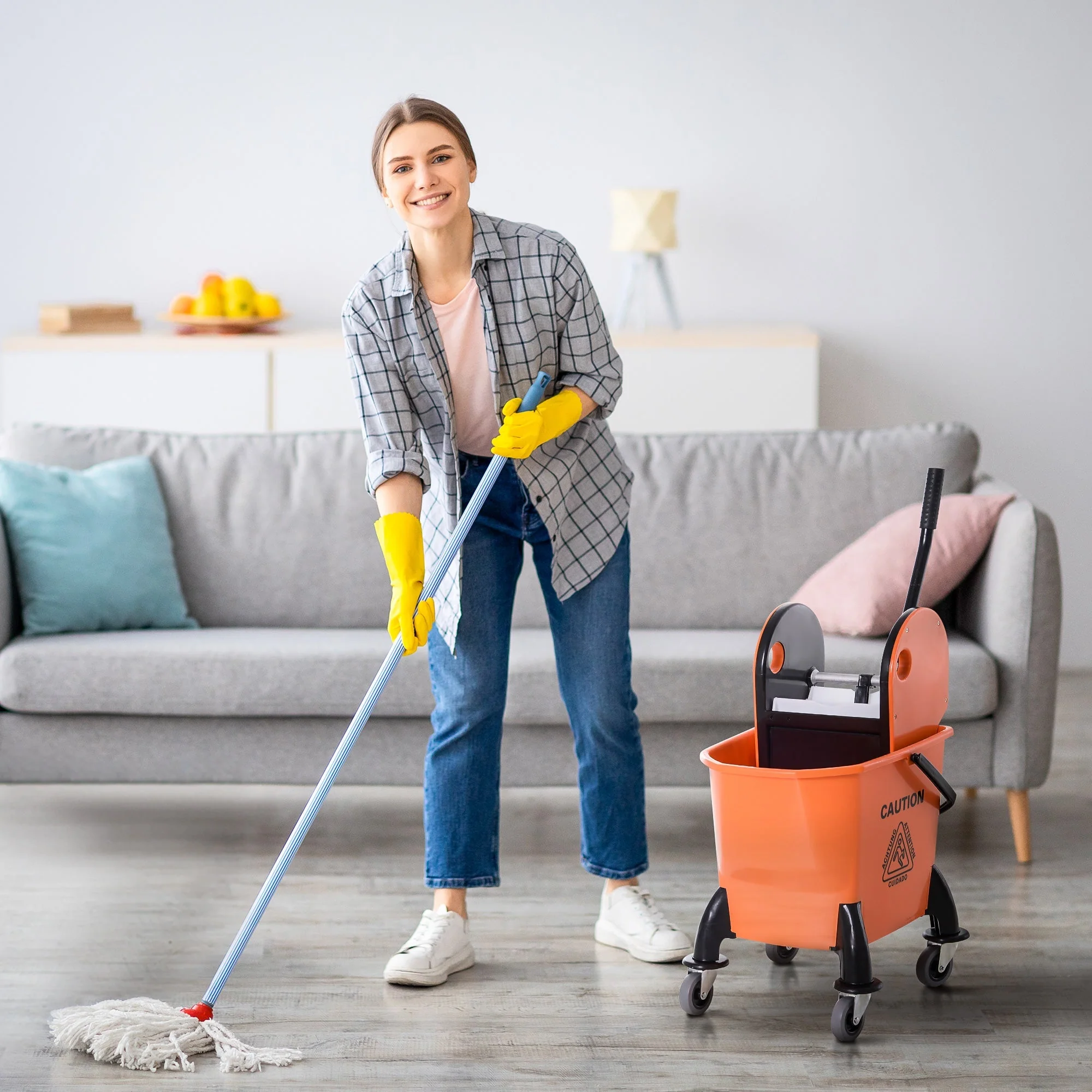 Cleaning Cart with Wringer, 26 Liter Mobile Bucket, 4 Wheels, Orange - Image 2
