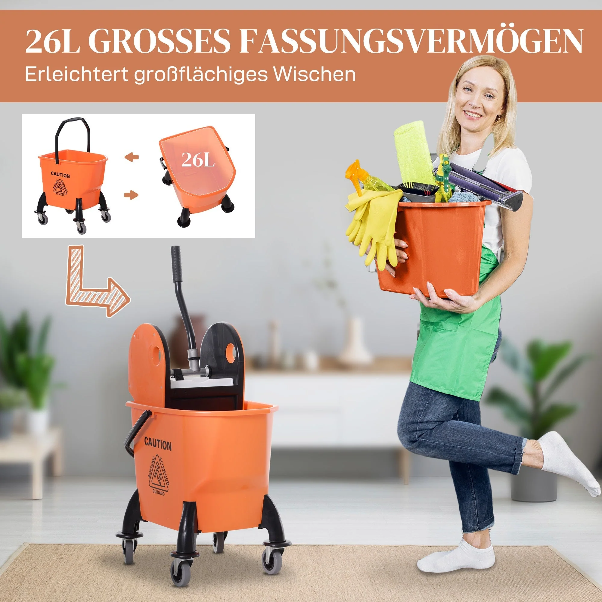 Cleaning Cart with Wringer, 26 Liter Mobile Bucket, 4 Wheels, Orange - Image 4