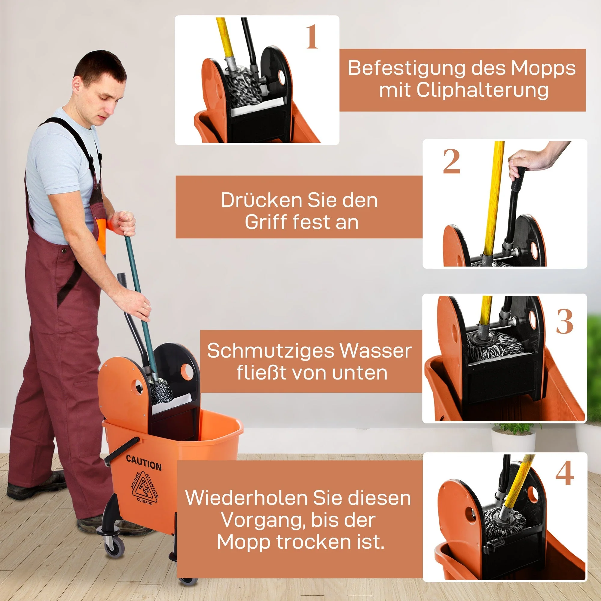 Cleaning Cart with Wringer, 26 Liter Mobile Bucket, 4 Wheels, Orange - Image 5