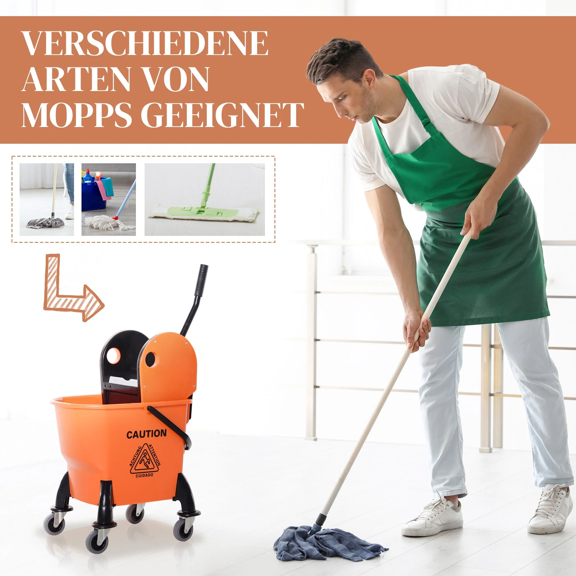 Cleaning Cart with Wringer, 26 Liter Mobile Bucket, 4 Wheels, Orange - Image 6
