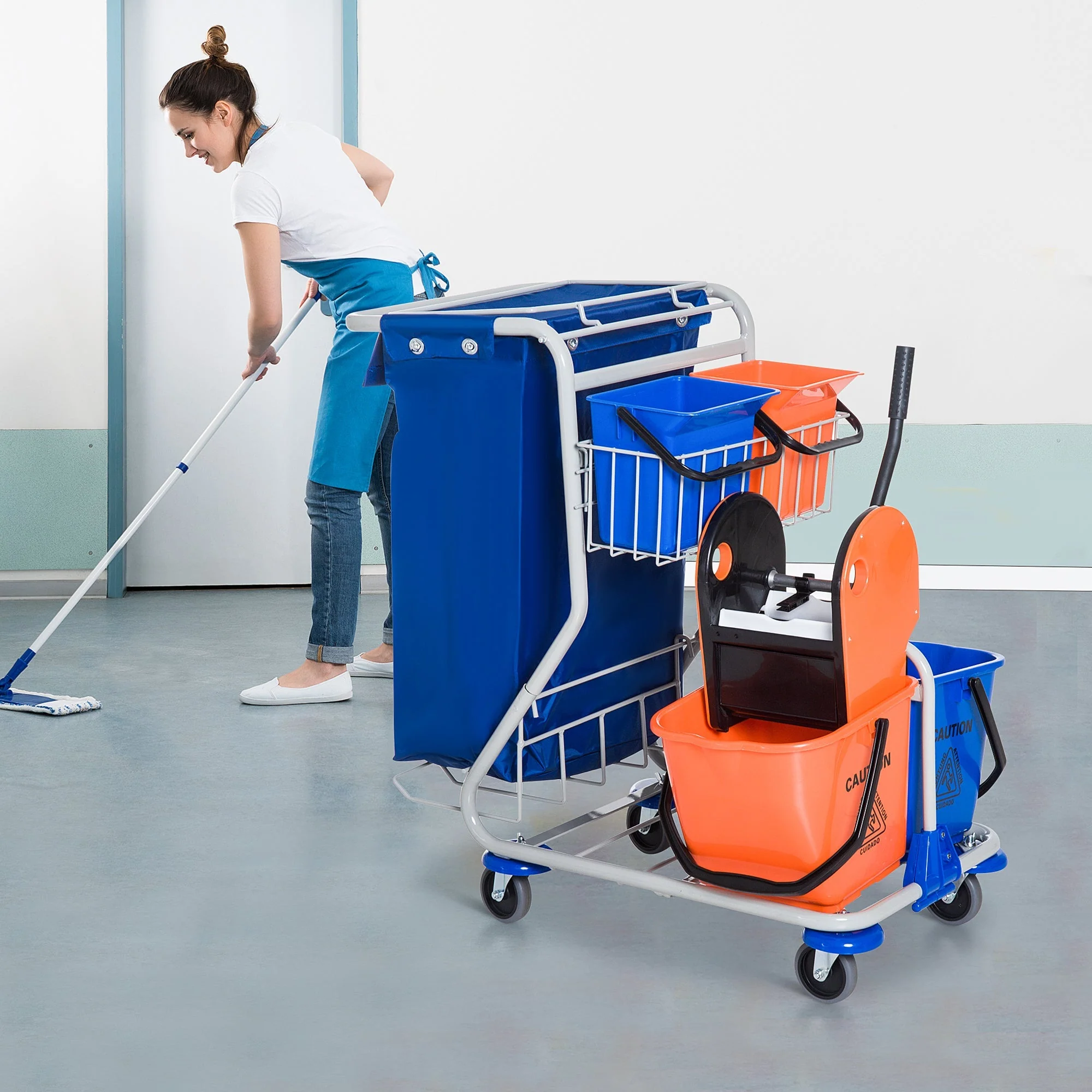 Cleaning Trolley 4 Buckets Mop System Wheels, Blue/Orange - Image 2