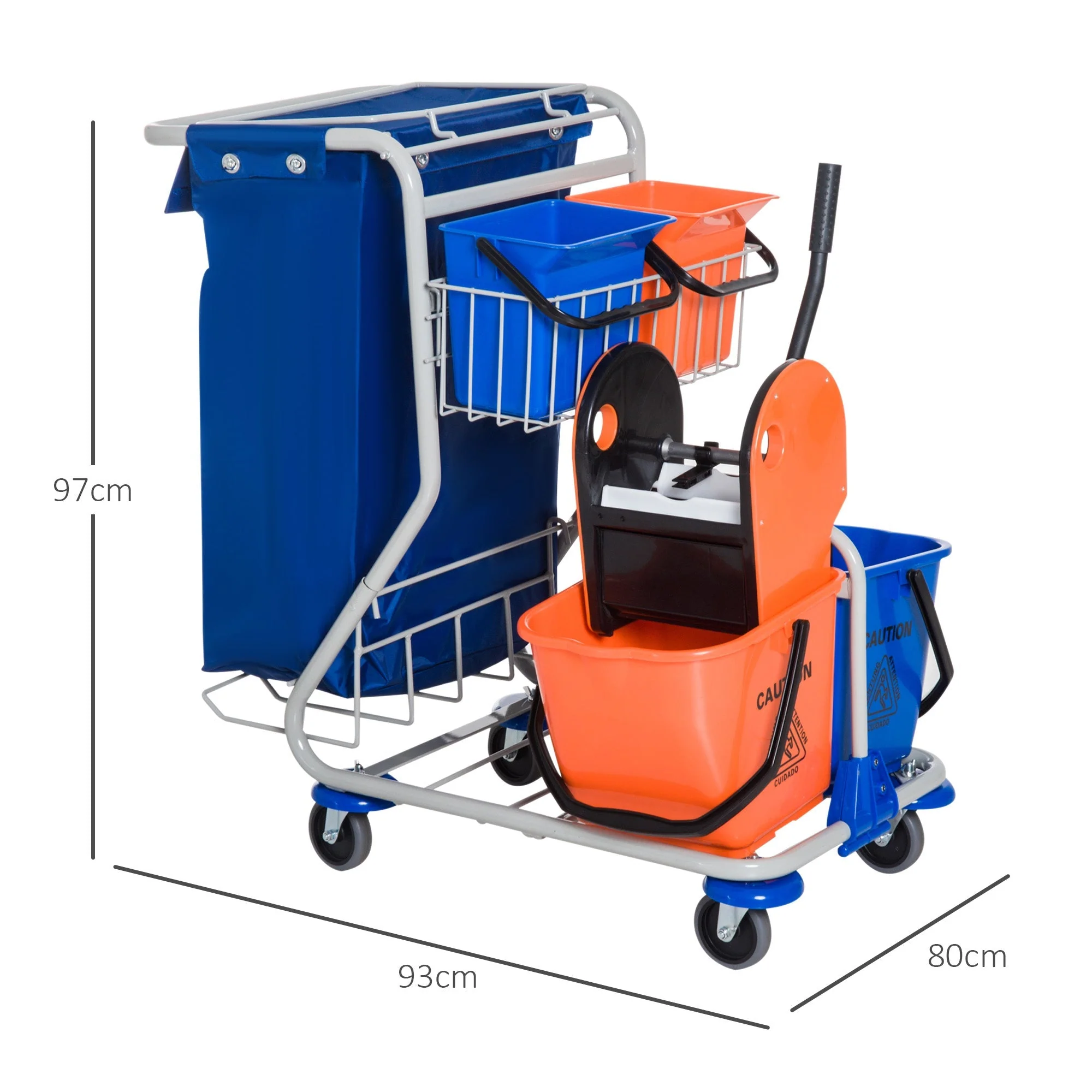 Cleaning Trolley 4 Buckets Mop System Wheels, Blue/Orange - Image 3