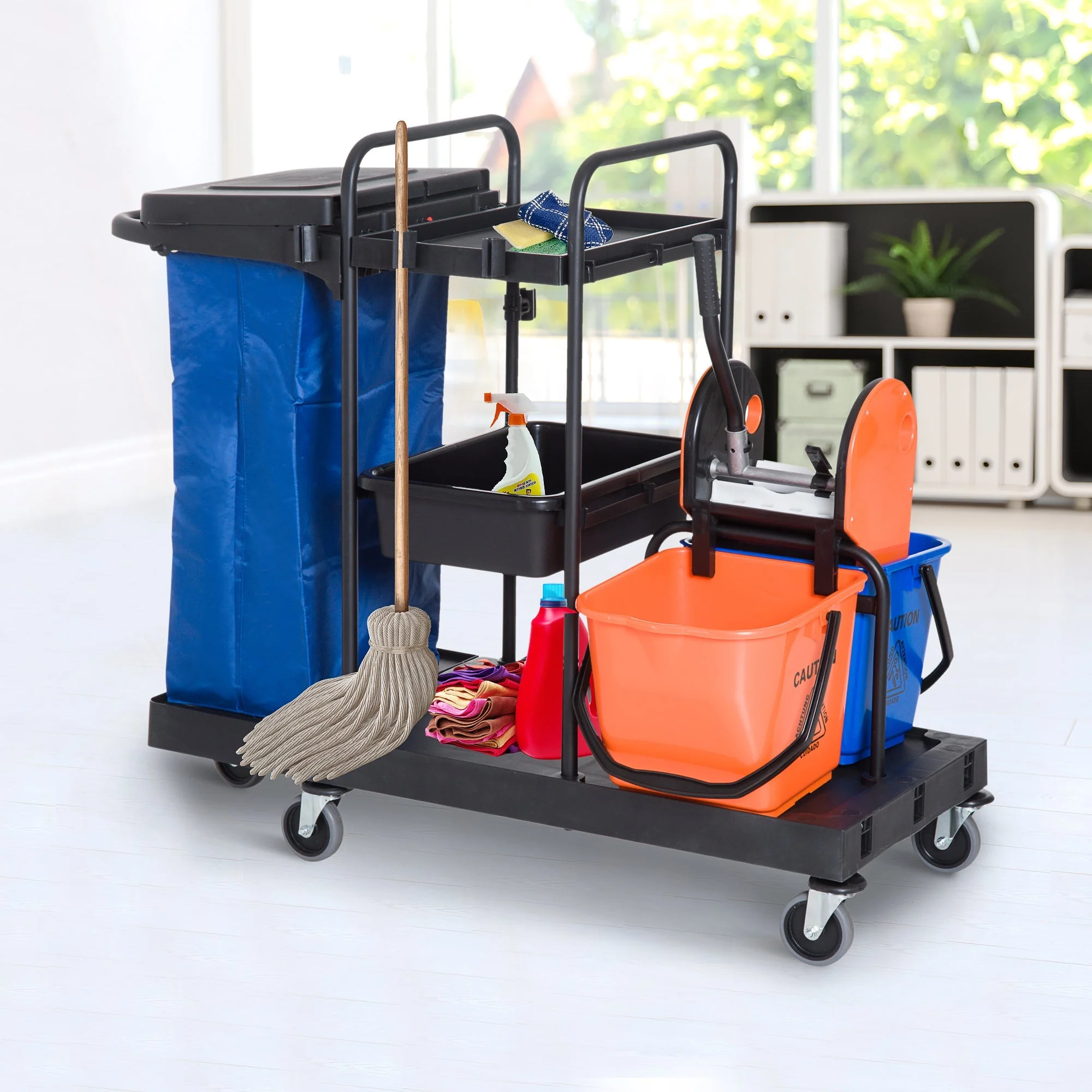 Cleaning Trolley 4-Wheel System Professional Cleaning 111x63.3x103cm, Black/Blue/Orange - Image 2