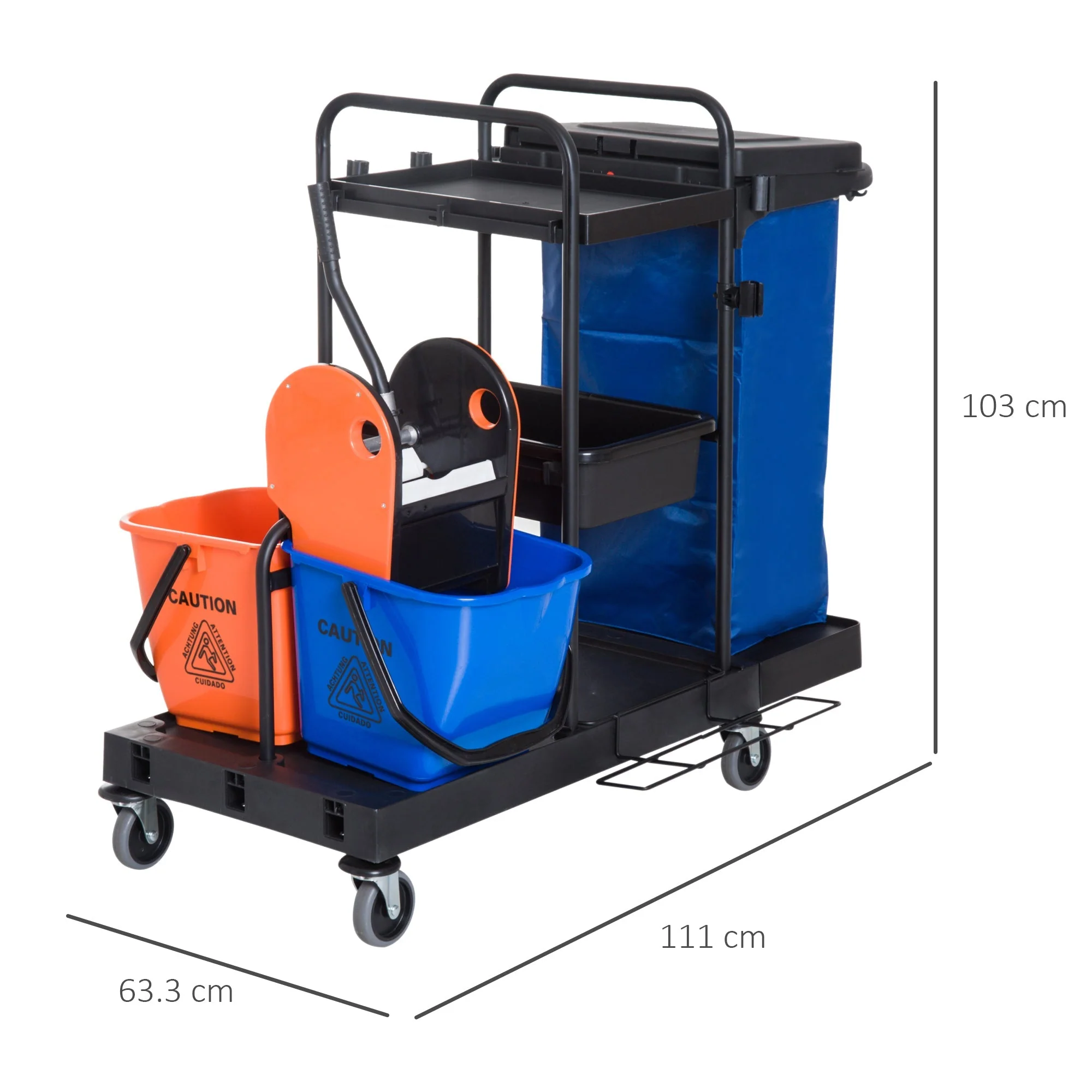Cleaning Trolley 4-Wheel System Professional Cleaning 111x63.3x103cm, Black/Blue/Orange - Image 3